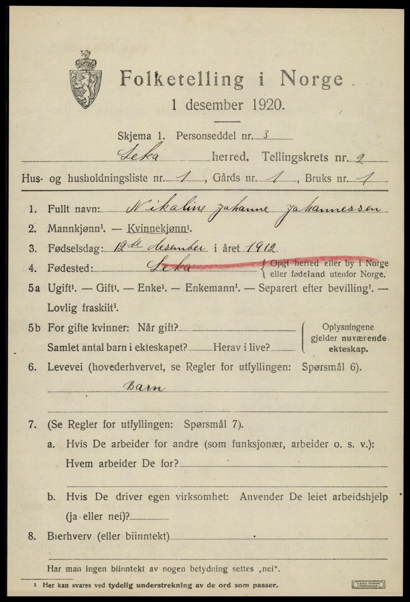 SAT, 1920 census for Leka, 1920, p. 593