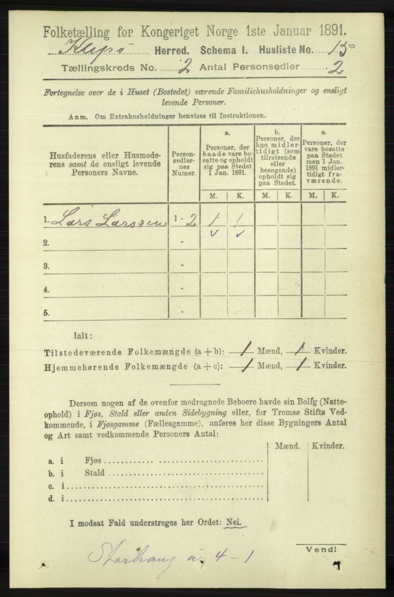 RA, 1891 census for 1120 Klepp, 1891, p. 323