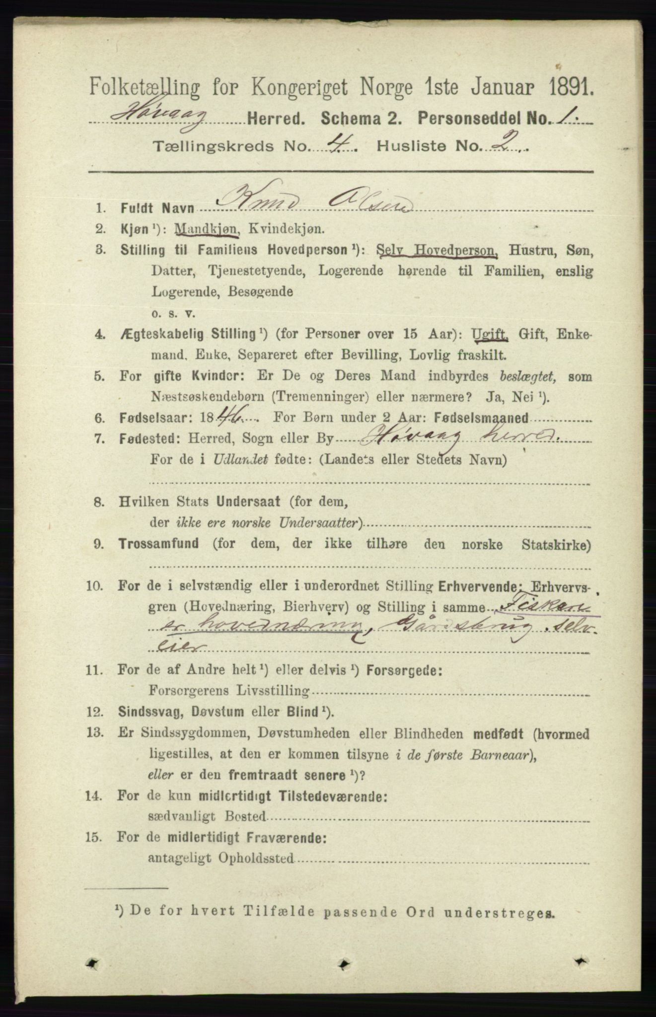 RA, 1891 census for 0927 Høvåg, 1891, p. 1513