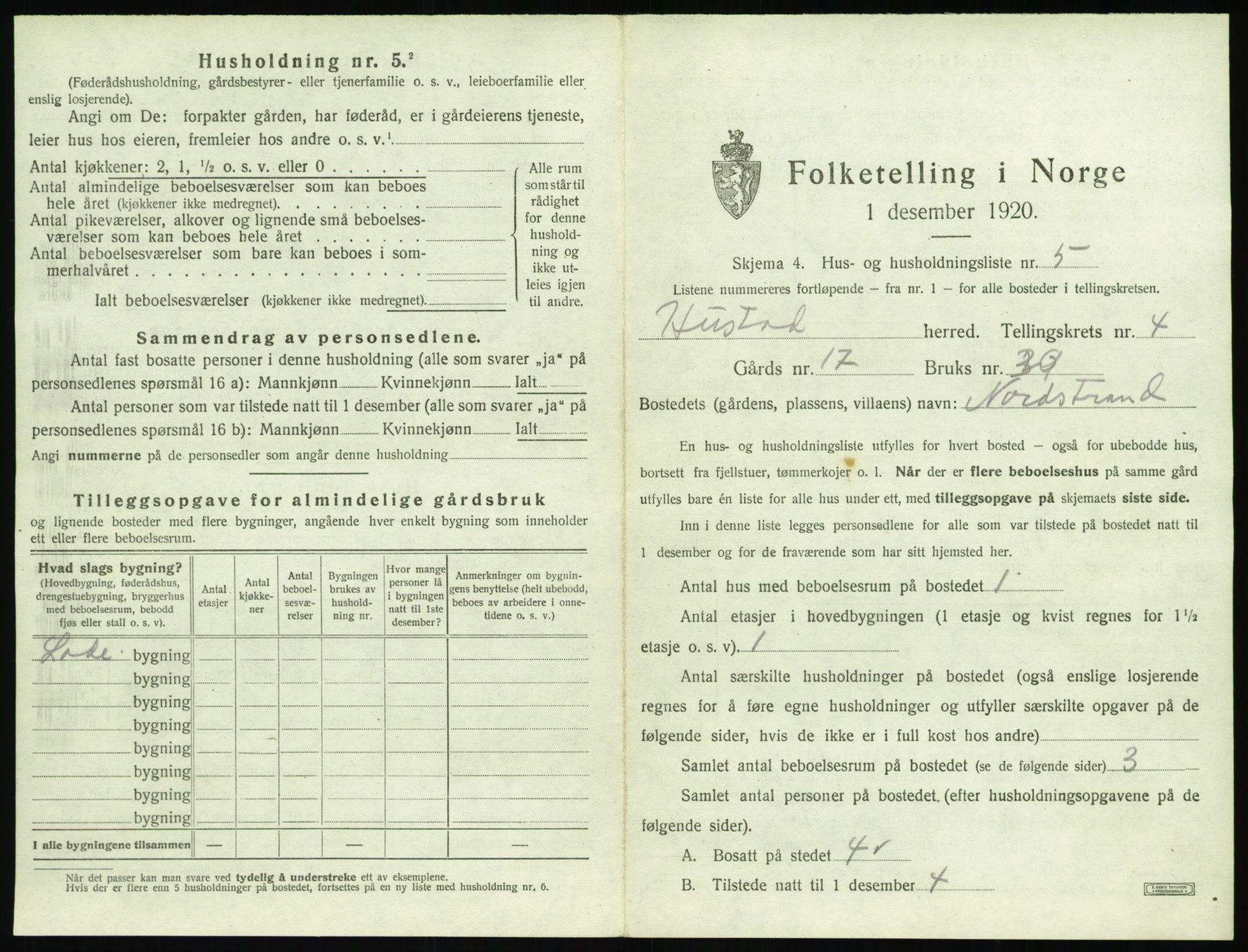 SAT, 1920 census for Hustad, 1920, p. 381