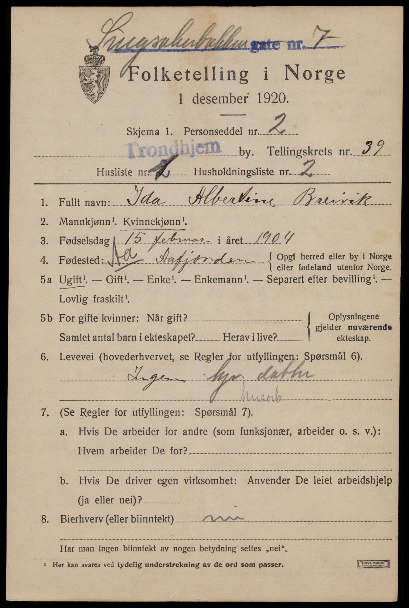 SAT, 1920 census for Trondheim, 1920, p. 87832