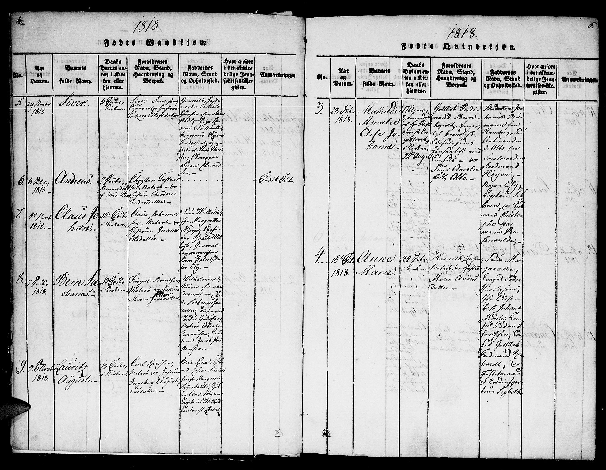 Kristiansand domprosti, SAK/1112-0006/F/Fb/L0001: Parish register (copy) no. B 1, 1818-1821, p. 4-5