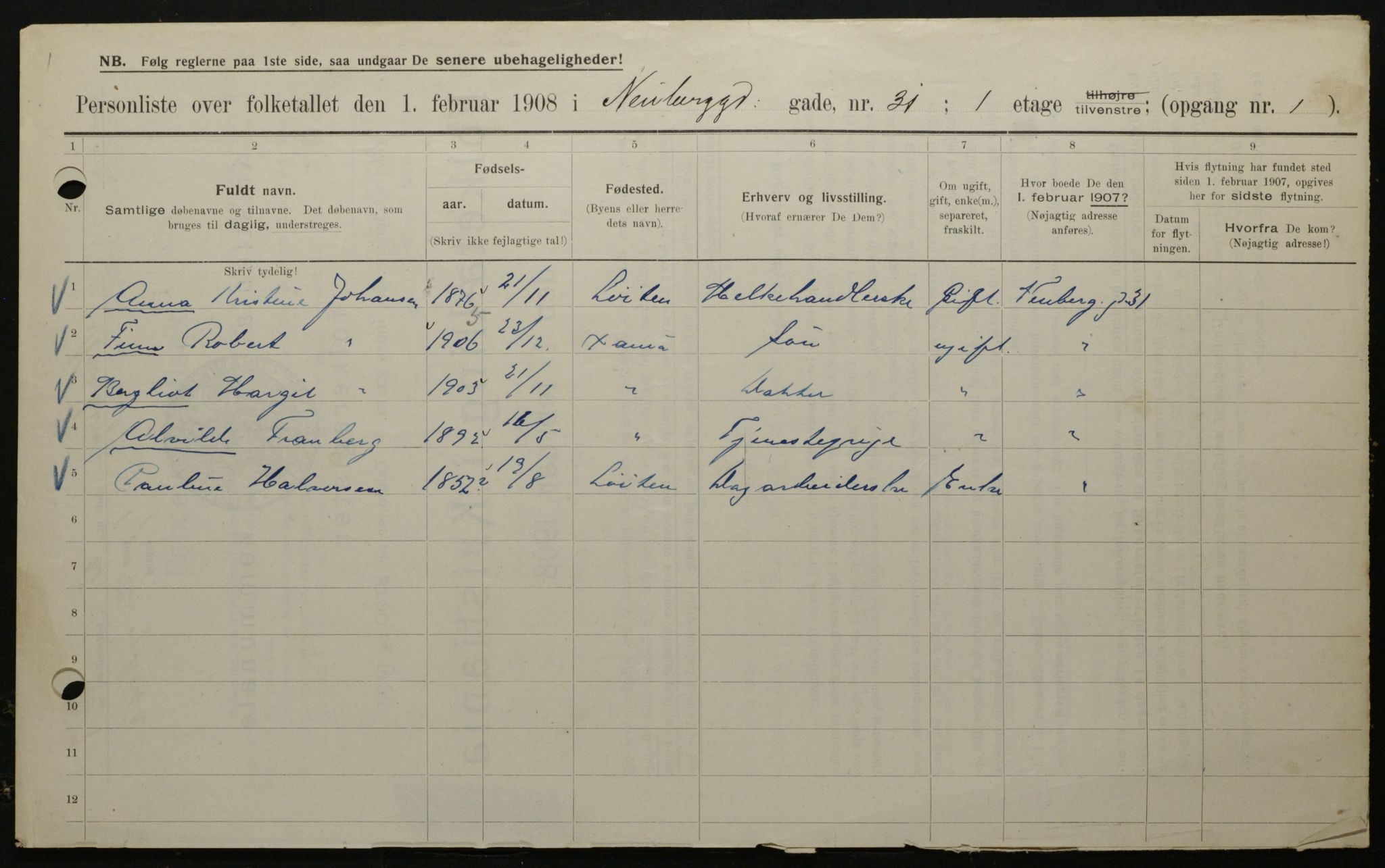 OBA, Municipal Census 1908 for Kristiania, 1908, p. 62864