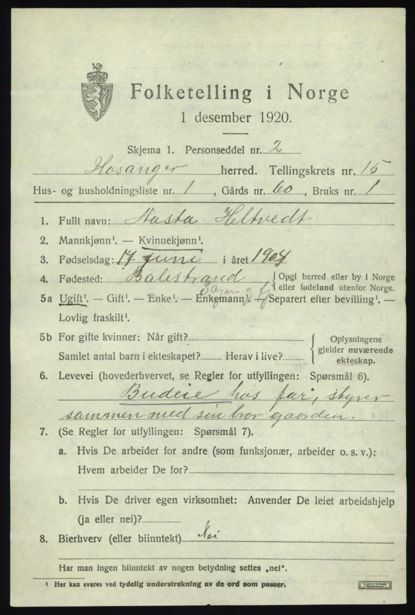 SAB, 1920 census for Hosanger, 1920, p. 5845