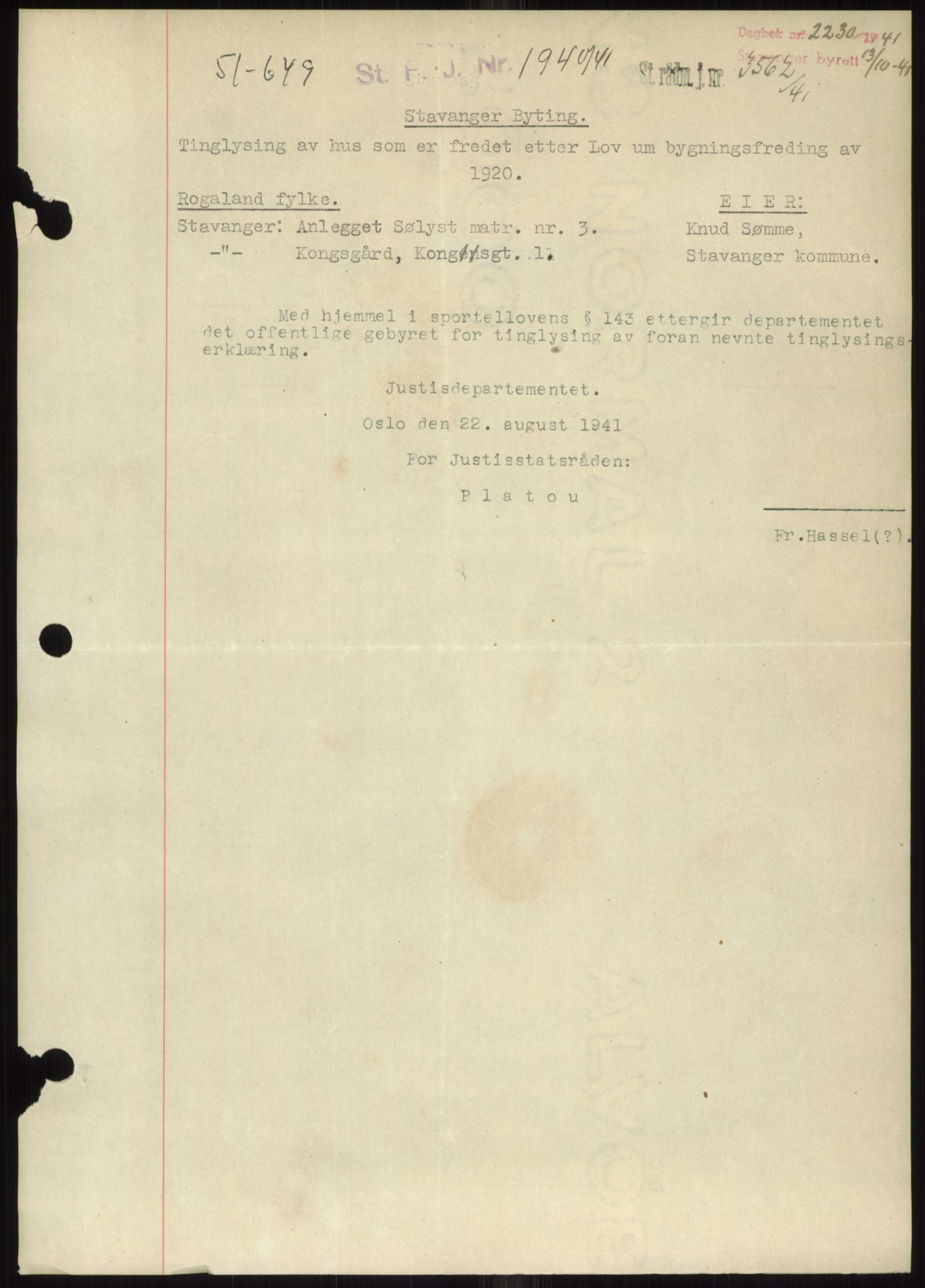 Stavanger byrett, SAST/A-100455/002/G/Gb/L0033: Mortgage book, 1936-1950, Diary no: : 2230/1941