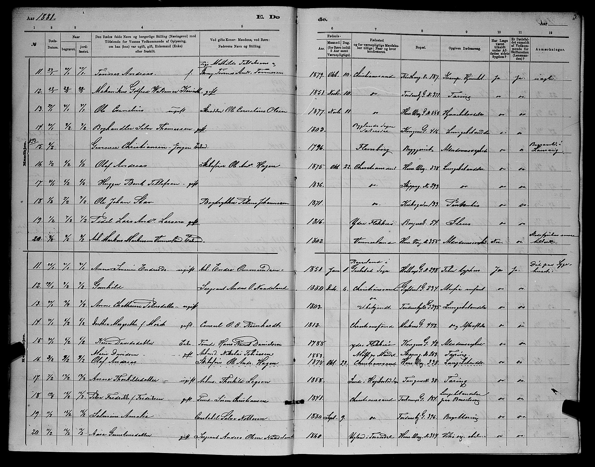 Kristiansand domprosti, SAK/1112-0006/F/Fb/L0016: Parish register (copy) no. B 16, 1881-1893, p. 5