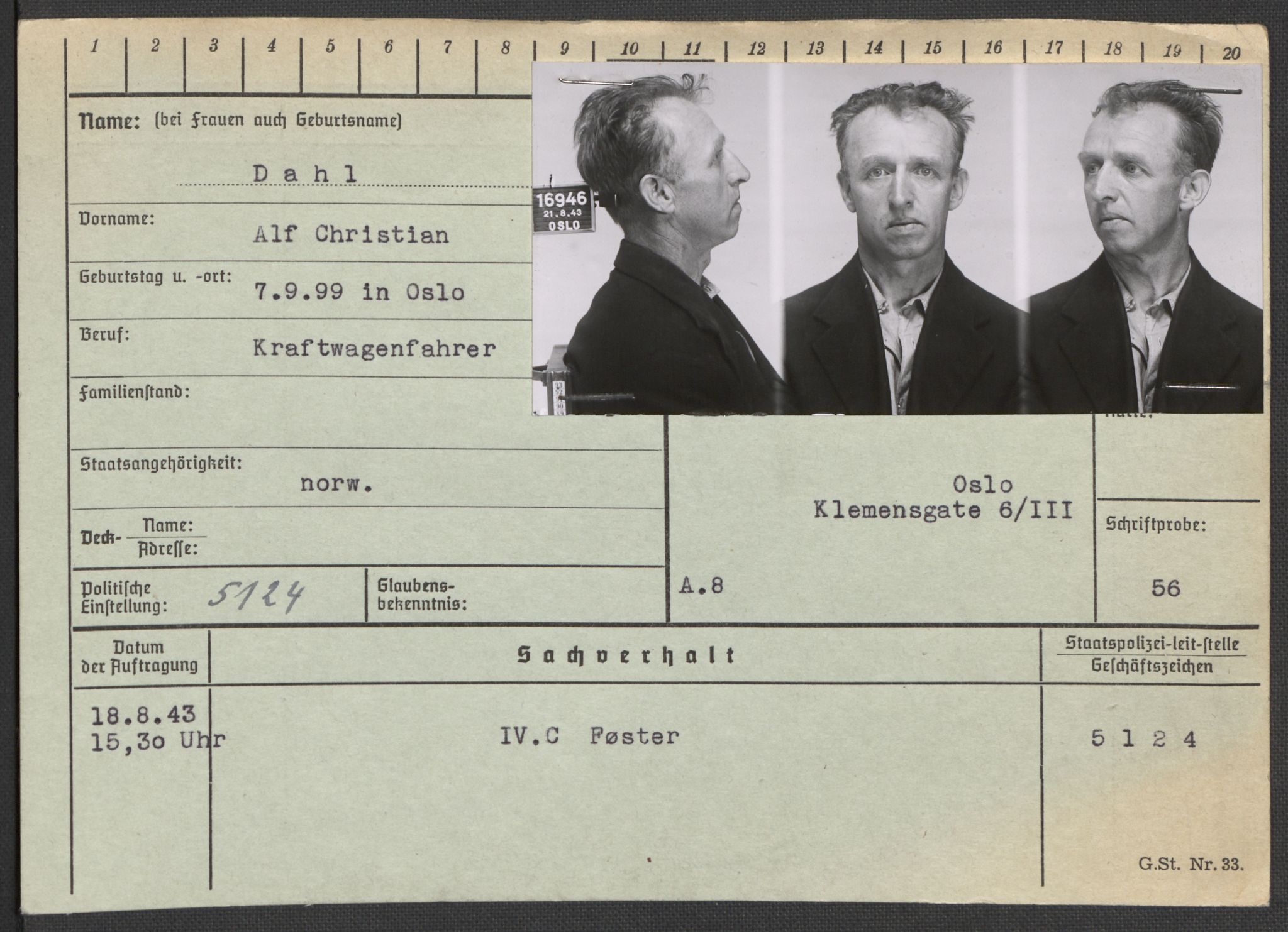 Befehlshaber der Sicherheitspolizei und des SD, AV/RA-RAFA-5969/E/Ea/Eaa/L0002: Register over norske fanger i Møllergata 19: Bj-Eng, 1940-1945, p. 851