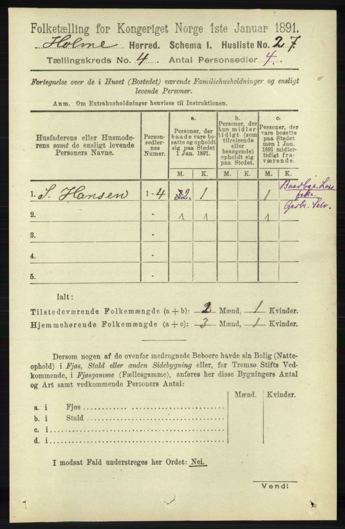 RA, 1891 census for 1020 Holum, 1891, p. 1027