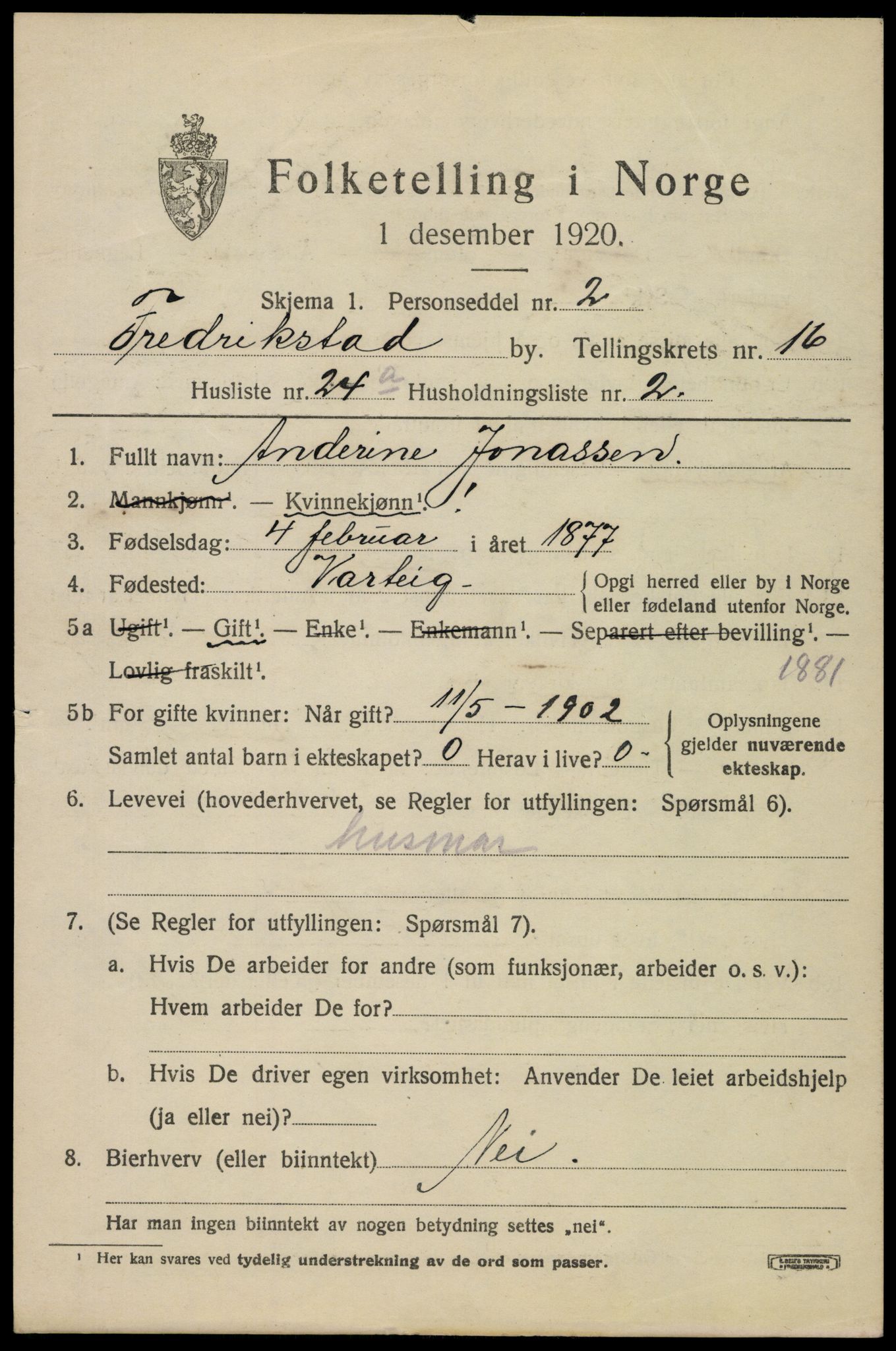 SAO, 1920 census for Fredrikstad, 1920, p. 37467