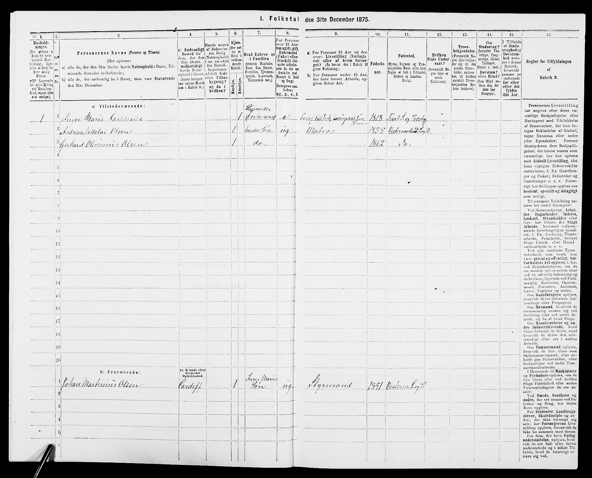 SAK, 1875 census for 0926L Vestre Moland/Vestre Moland, 1875, p. 657