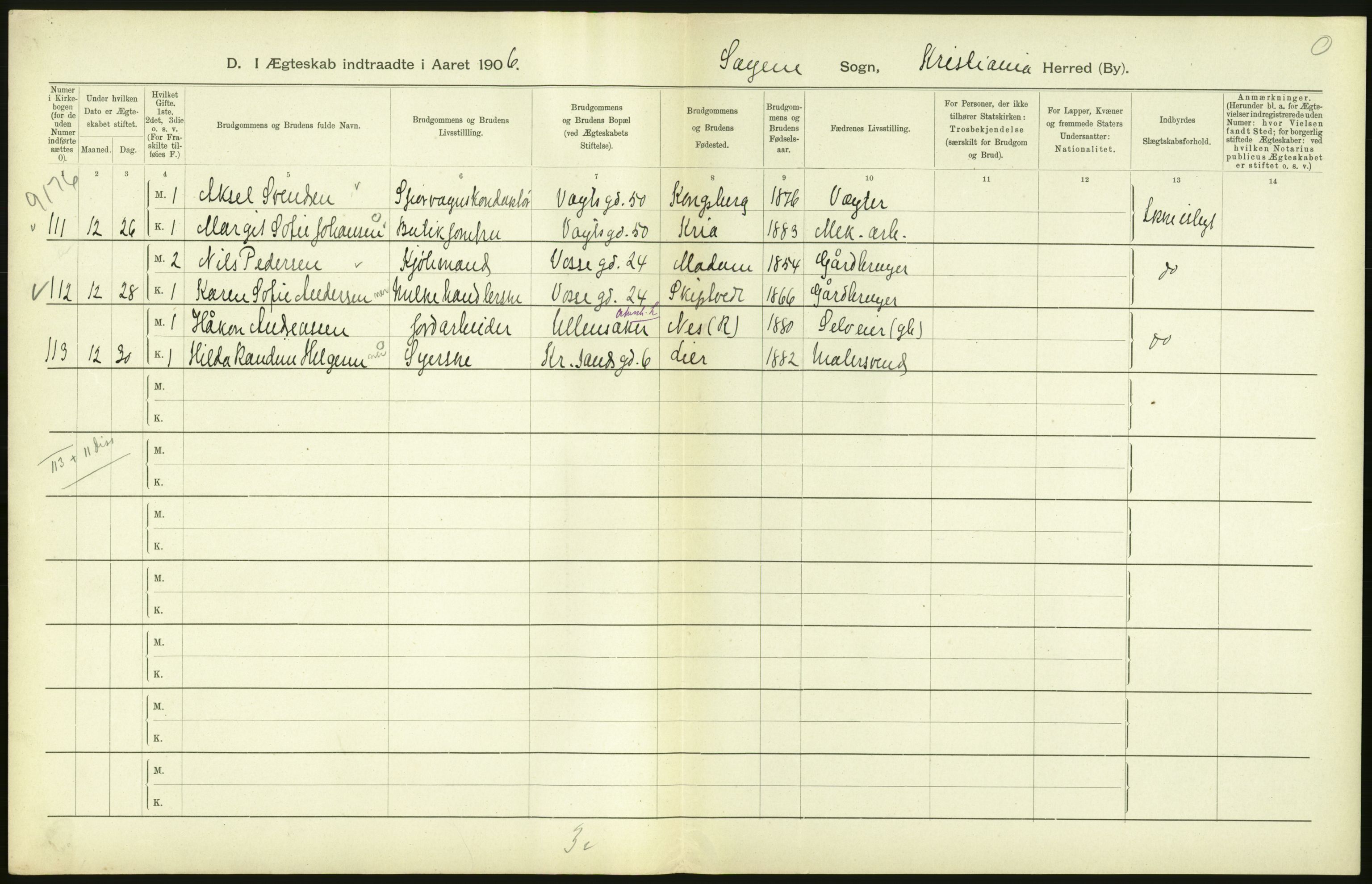 Statistisk sentralbyrå, Sosiodemografiske emner, Befolkning, AV/RA-S-2228/D/Df/Dfa/Dfad/L0008: Kristiania: Gifte, 1906, p. 426