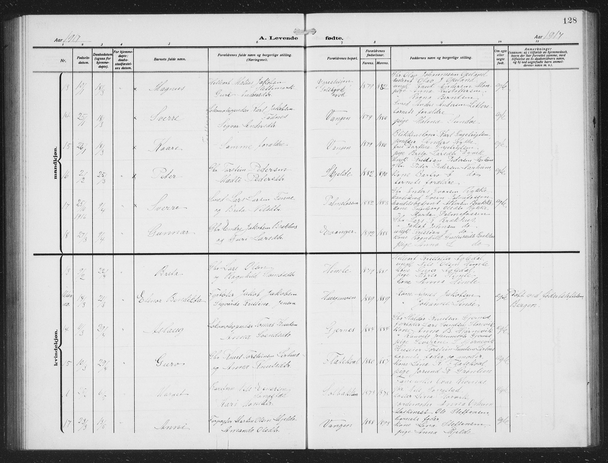 Voss sokneprestembete, AV/SAB-A-79001/H/Hab: Parish register (copy) no. C 3, 1909-1920, p. 128