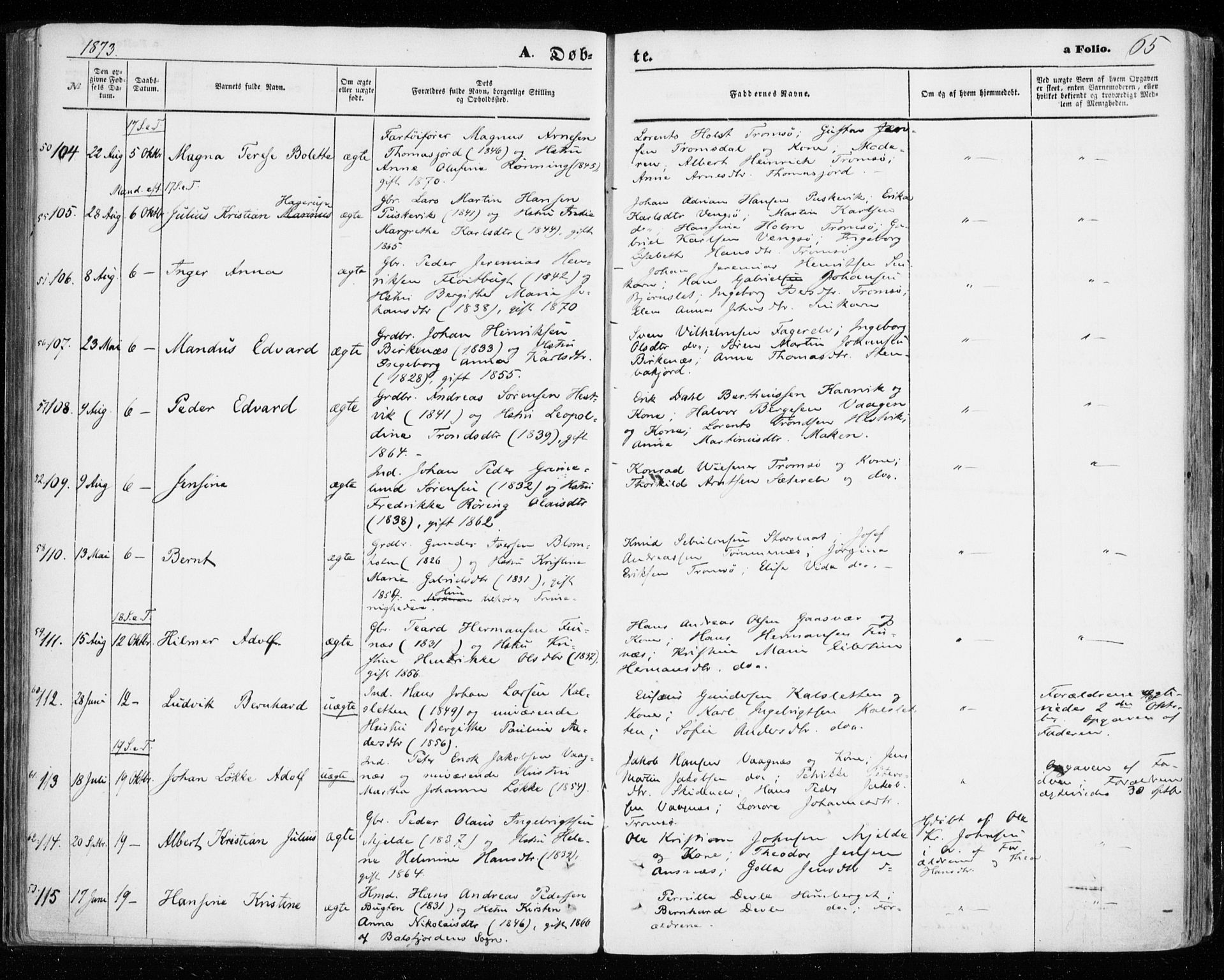 Tromsøysund sokneprestkontor, AV/SATØ-S-1304/G/Ga/L0002kirke: Parish register (official) no. 2, 1867-1875, p. 65