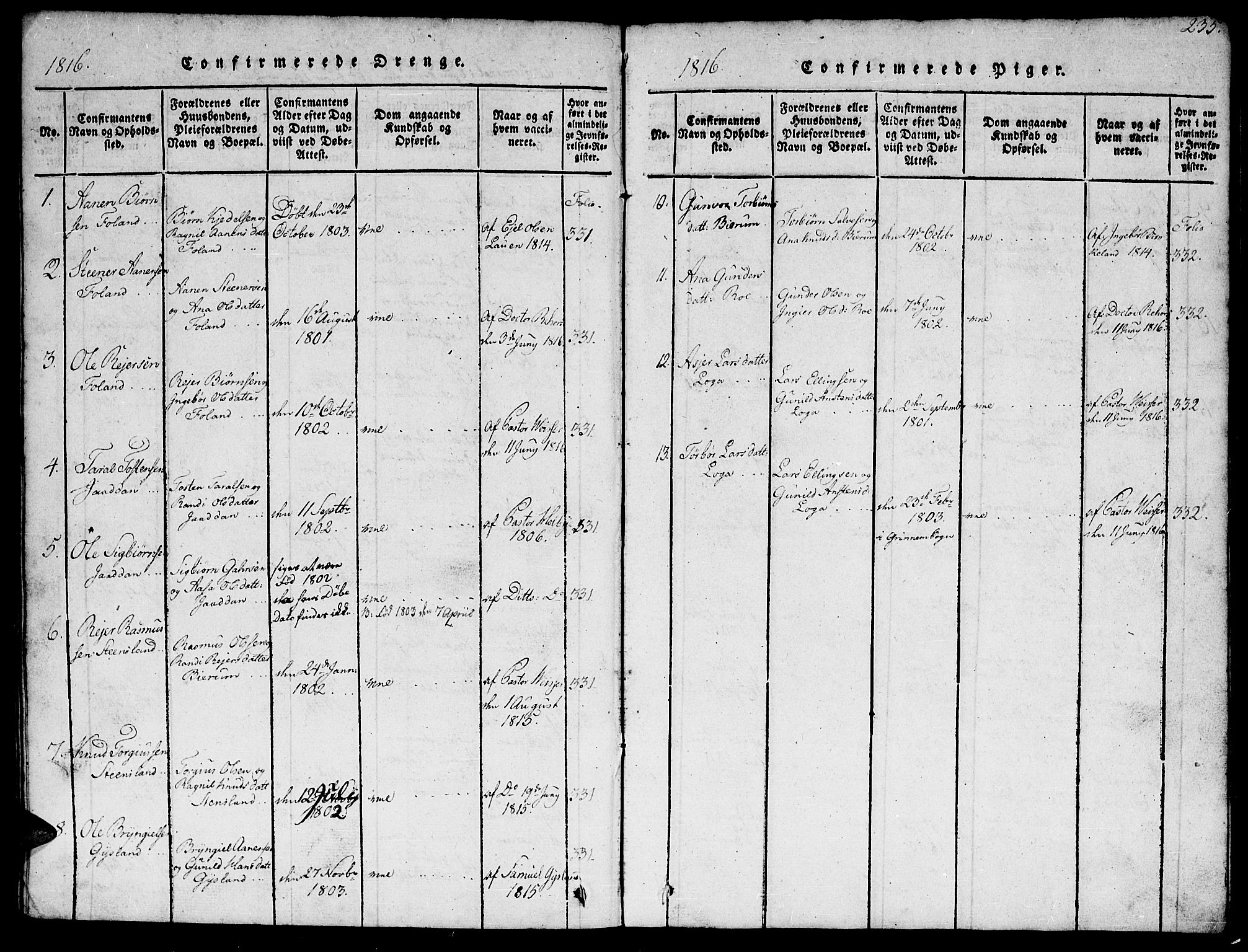 Hægebostad sokneprestkontor, AV/SAK-1111-0024/F/Fb/Fba/L0001: Parish register (copy) no. B 1, 1815-1844, p. 235