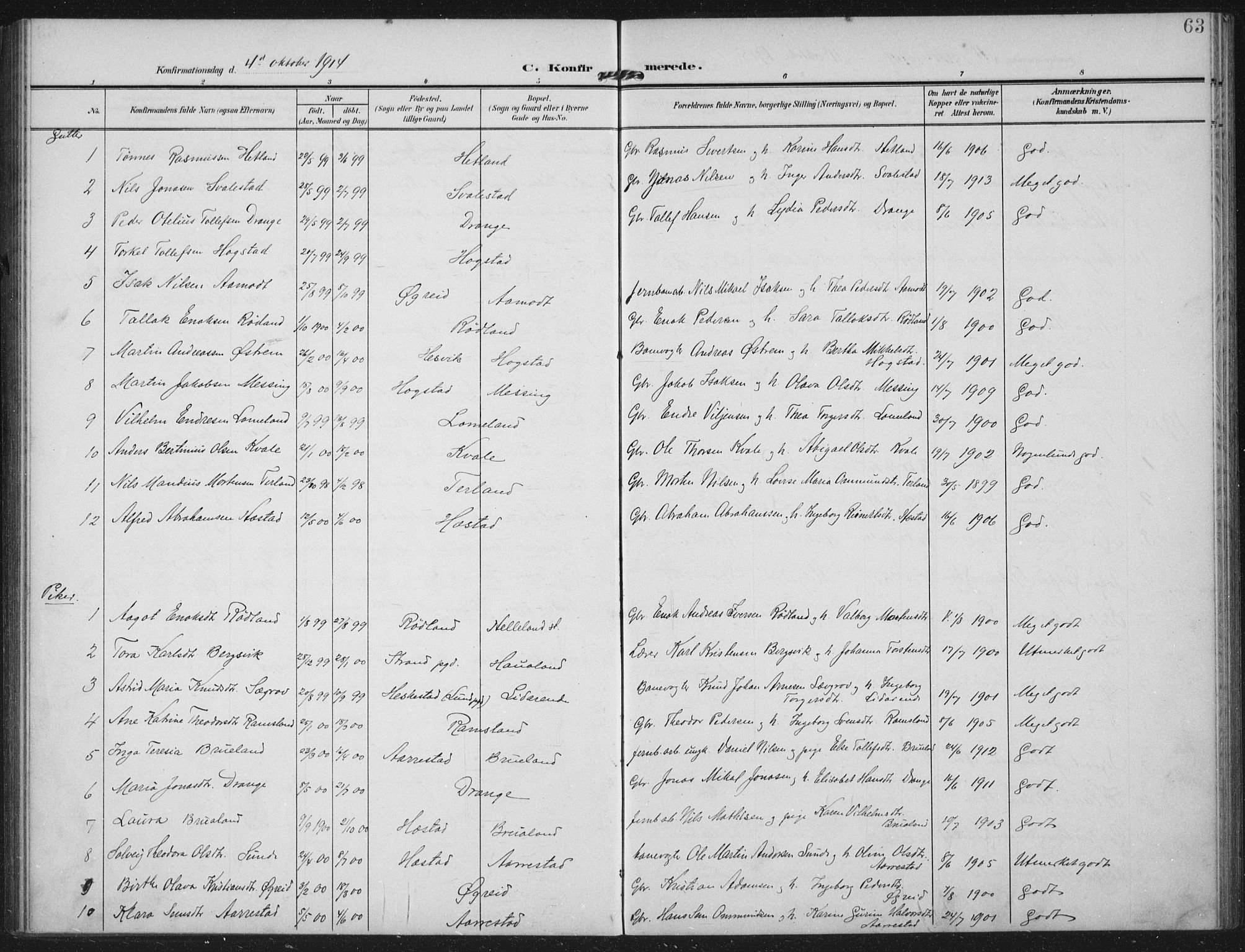 Helleland sokneprestkontor, AV/SAST-A-101810: Parish register (official) no. A 12, 1906-1923, p. 63