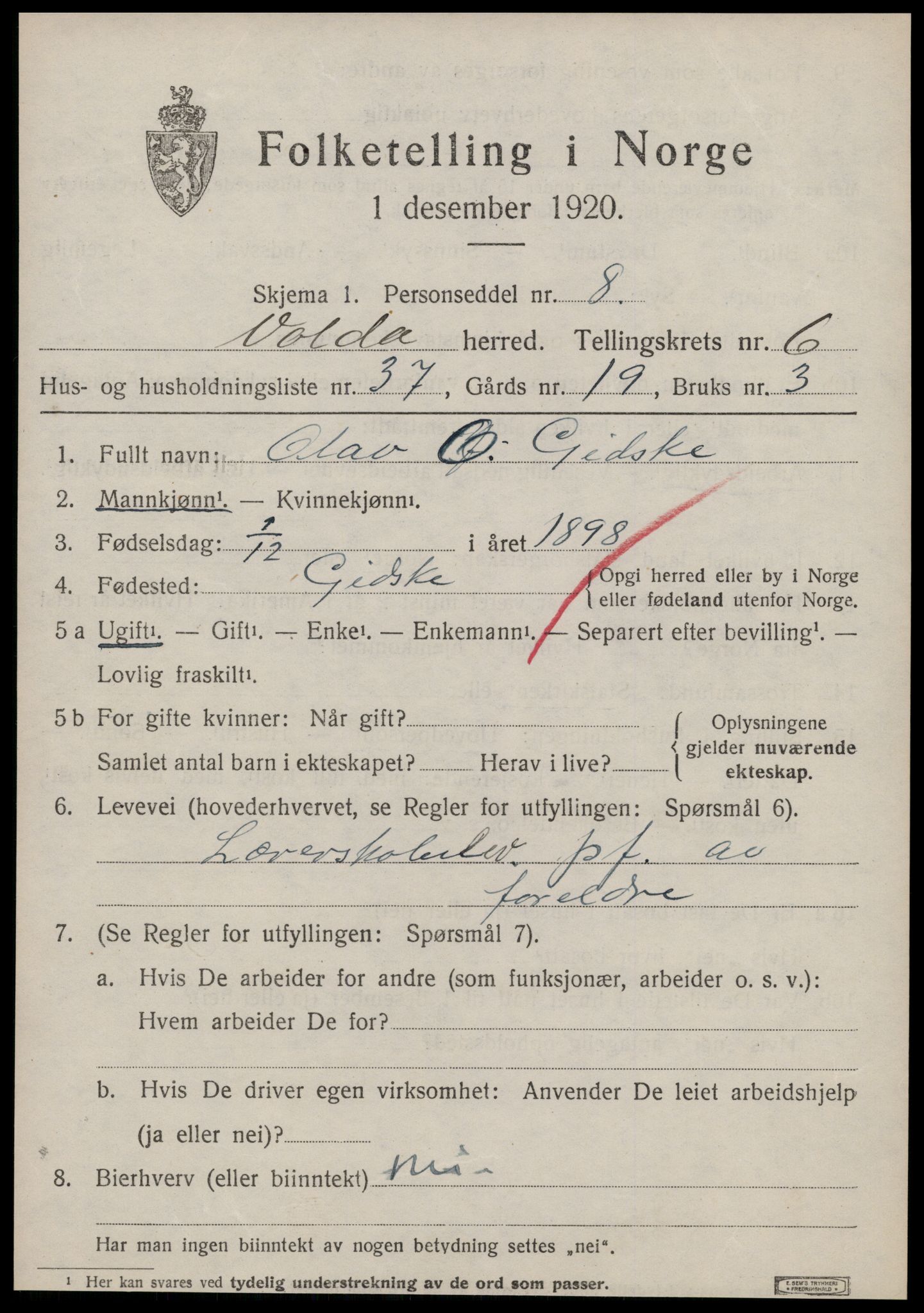 SAT, 1920 census for Volda, 1920, p. 5650