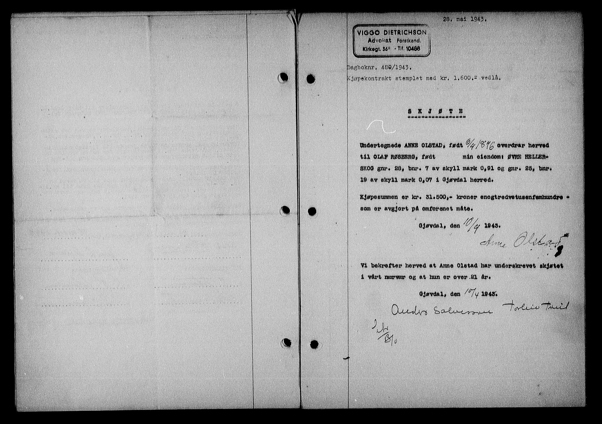 Nedenes sorenskriveri, SAK/1221-0006/G/Gb/Gba/L0050: Mortgage book no. A-IV, 1942-1943, Diary no: : 480/1943