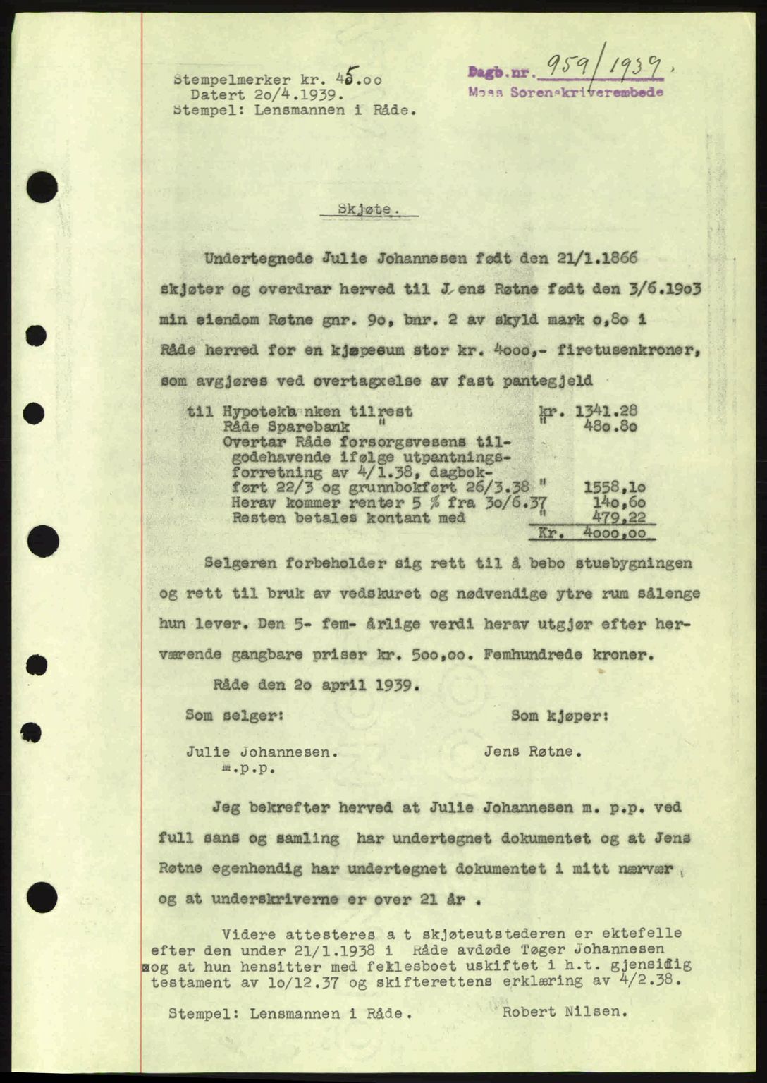 Moss sorenskriveri, SAO/A-10168: Mortgage book no. A5, 1938-1939, Diary no: : 959/1939