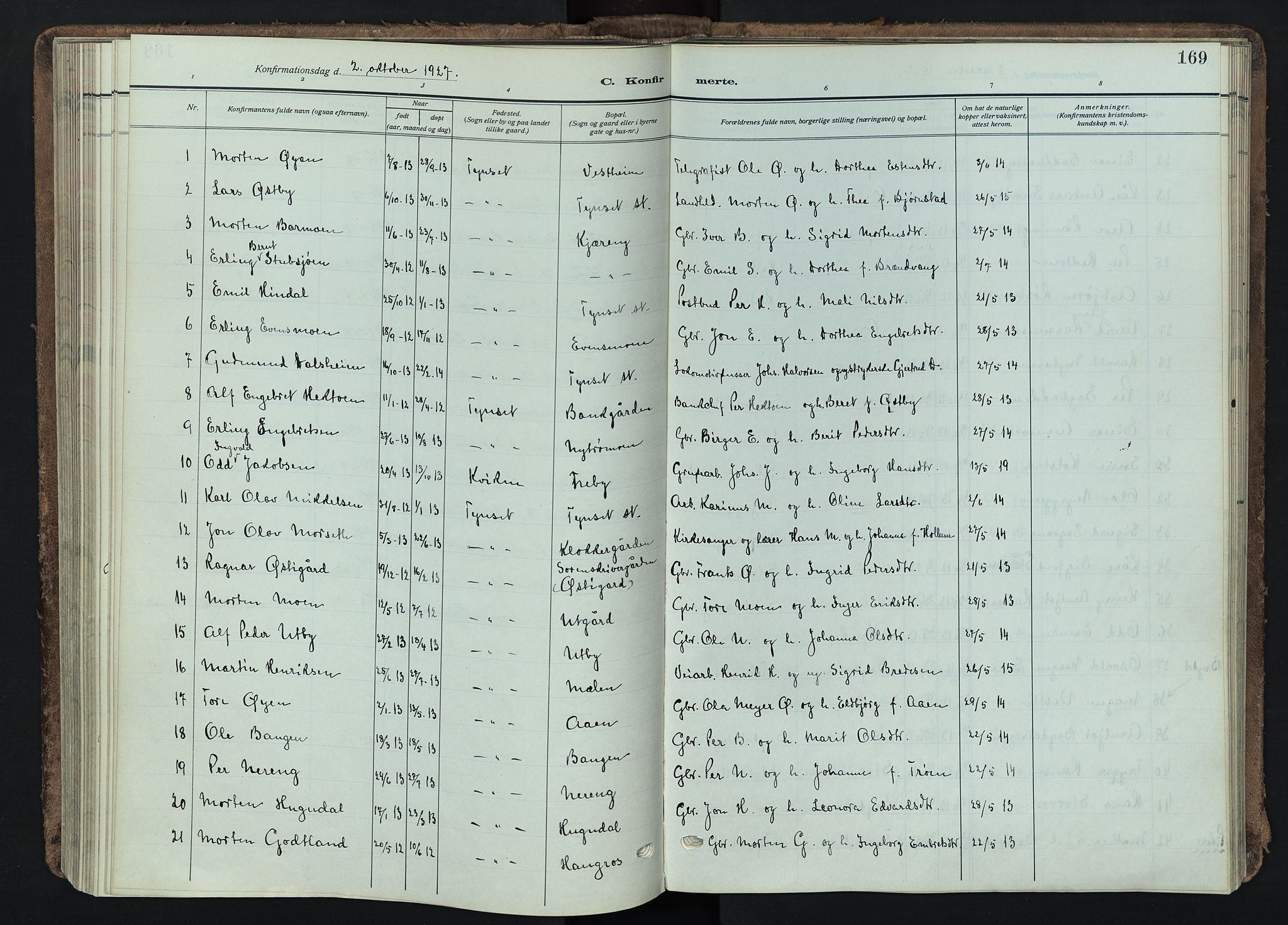Tynset prestekontor, SAH/PREST-058/H/Ha/Haa/L0026: Parish register (official) no. 26, 1915-1929, p. 169