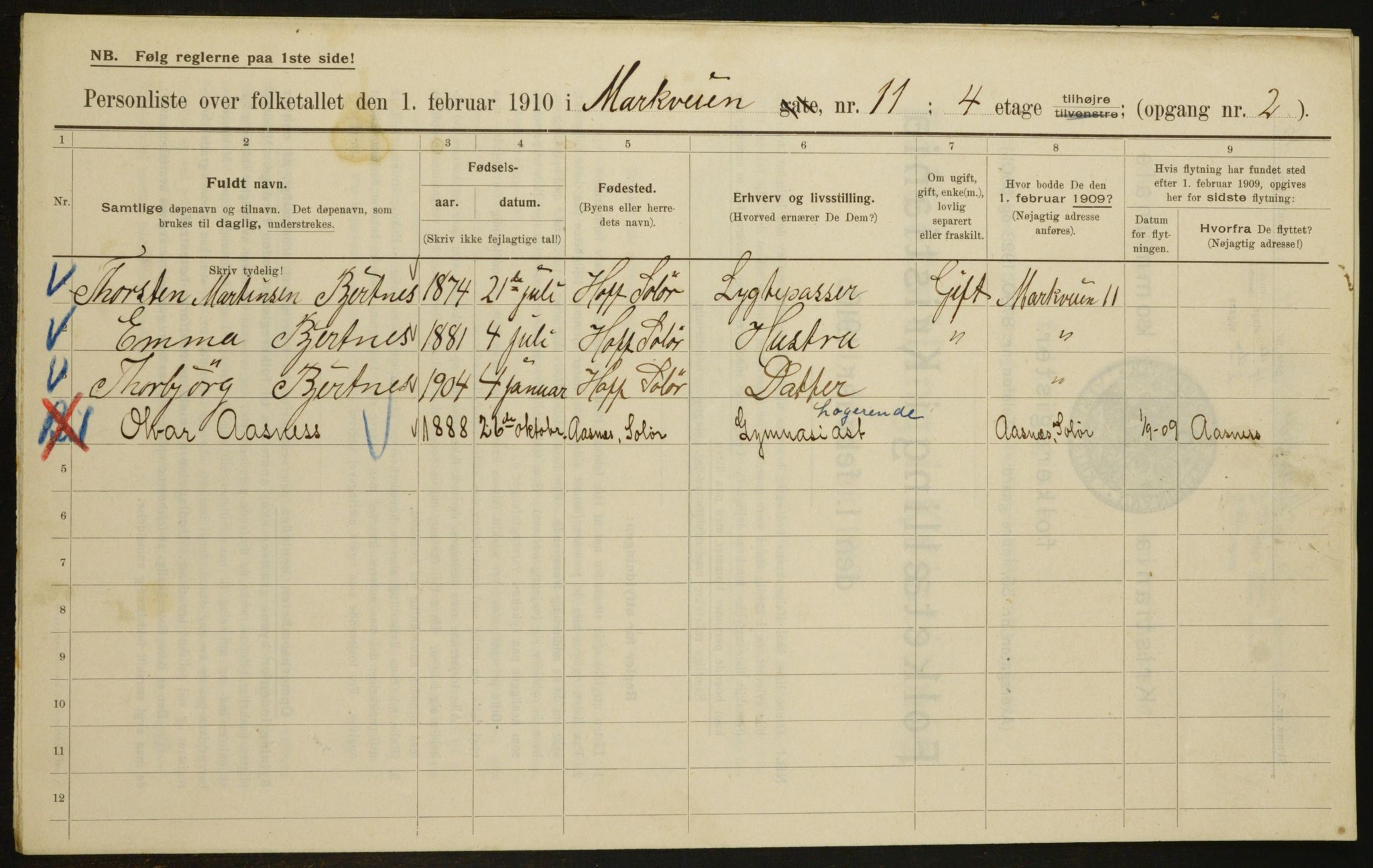 OBA, Municipal Census 1910 for Kristiania, 1910, p. 61154