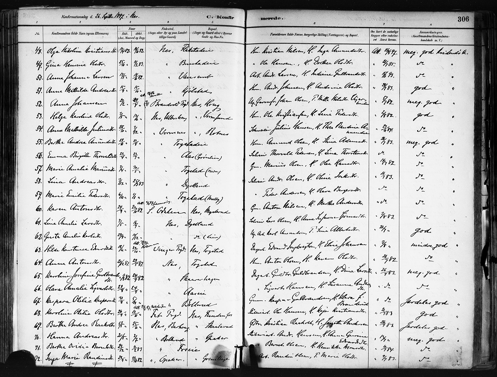 Nes prestekontor Kirkebøker, AV/SAO-A-10410/F/Fa/L0010: Parish register (official) no. I 10, 1883-1898, p. 306