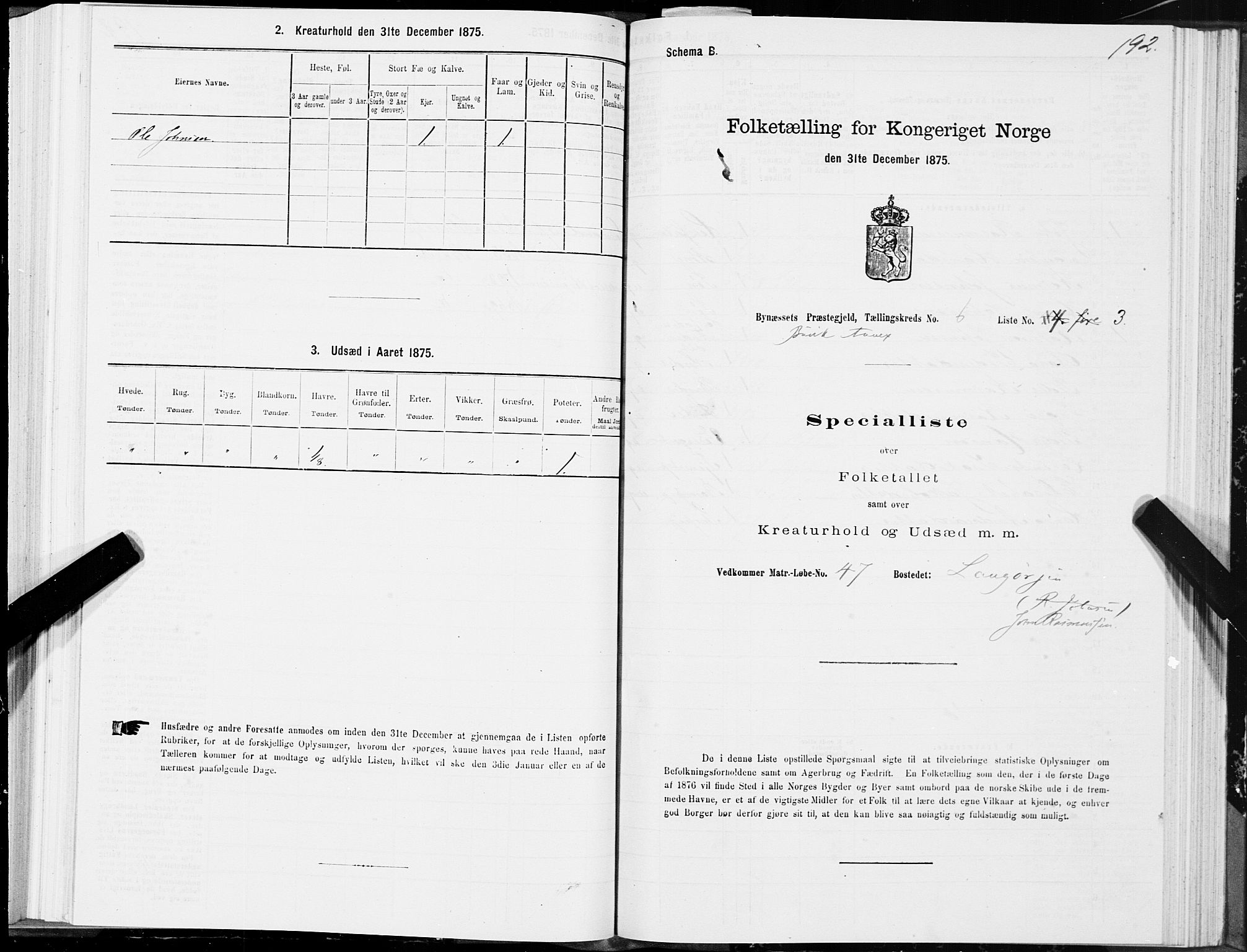 SAT, 1875 census for 1655P Byneset, 1875, p. 3192