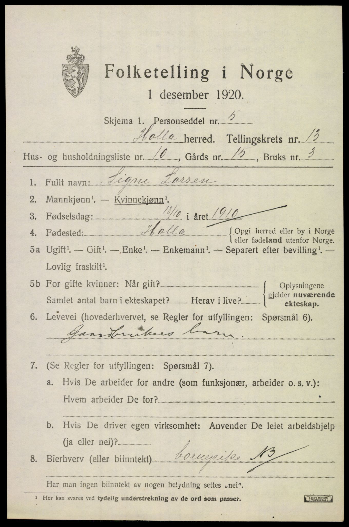 SAKO, 1920 census for Holla, 1920, p. 8011