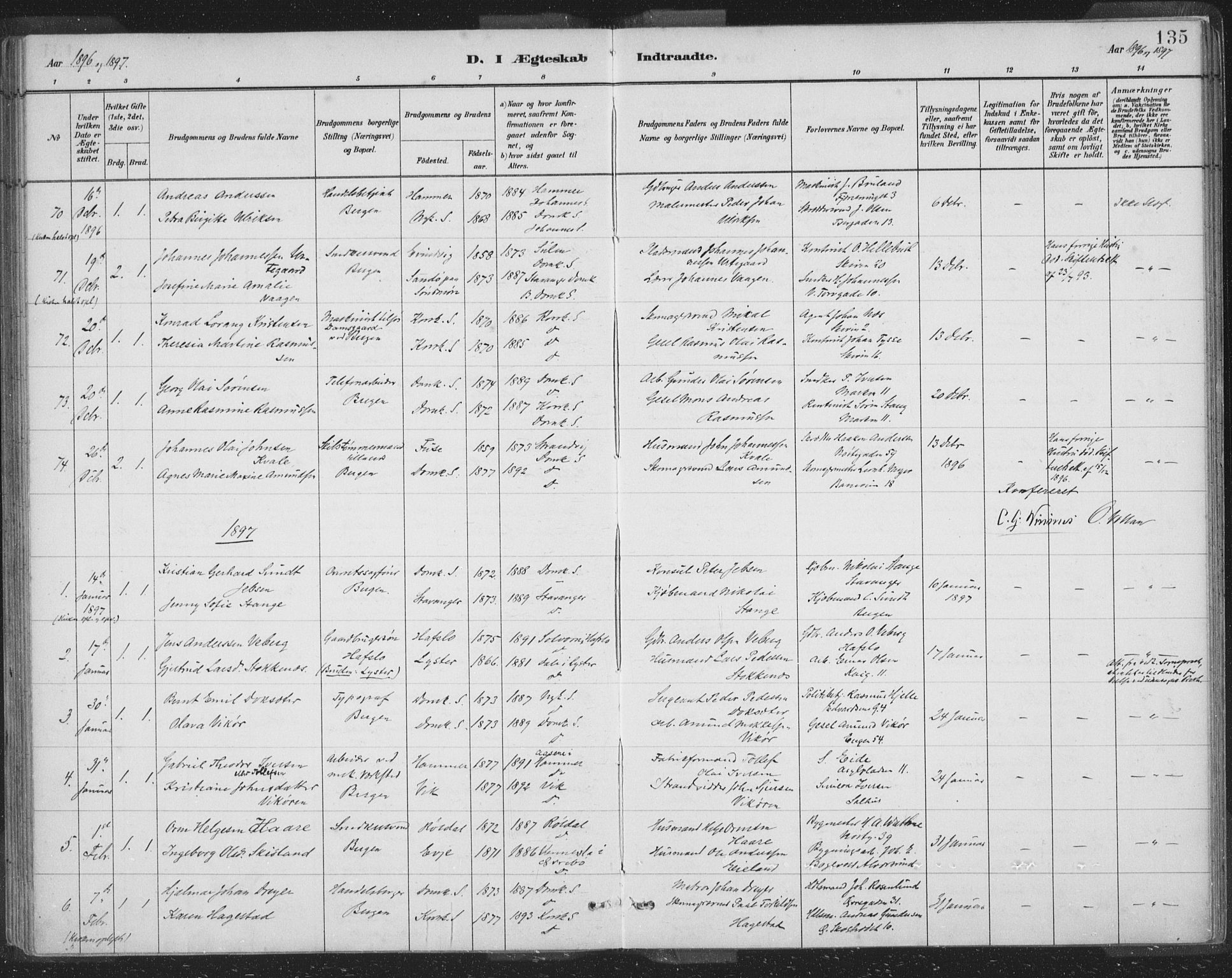 Domkirken sokneprestembete, AV/SAB-A-74801/H/Hab/L0032: Parish register (copy) no. D 4, 1880-1907, p. 135