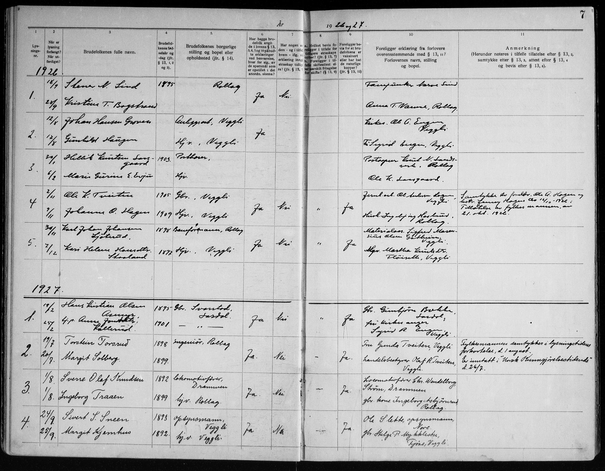 Rollag kirkebøker, AV/SAKO-A-240/H/Ha/L0001: Banns register no. 1, 1920-1966, p. 7