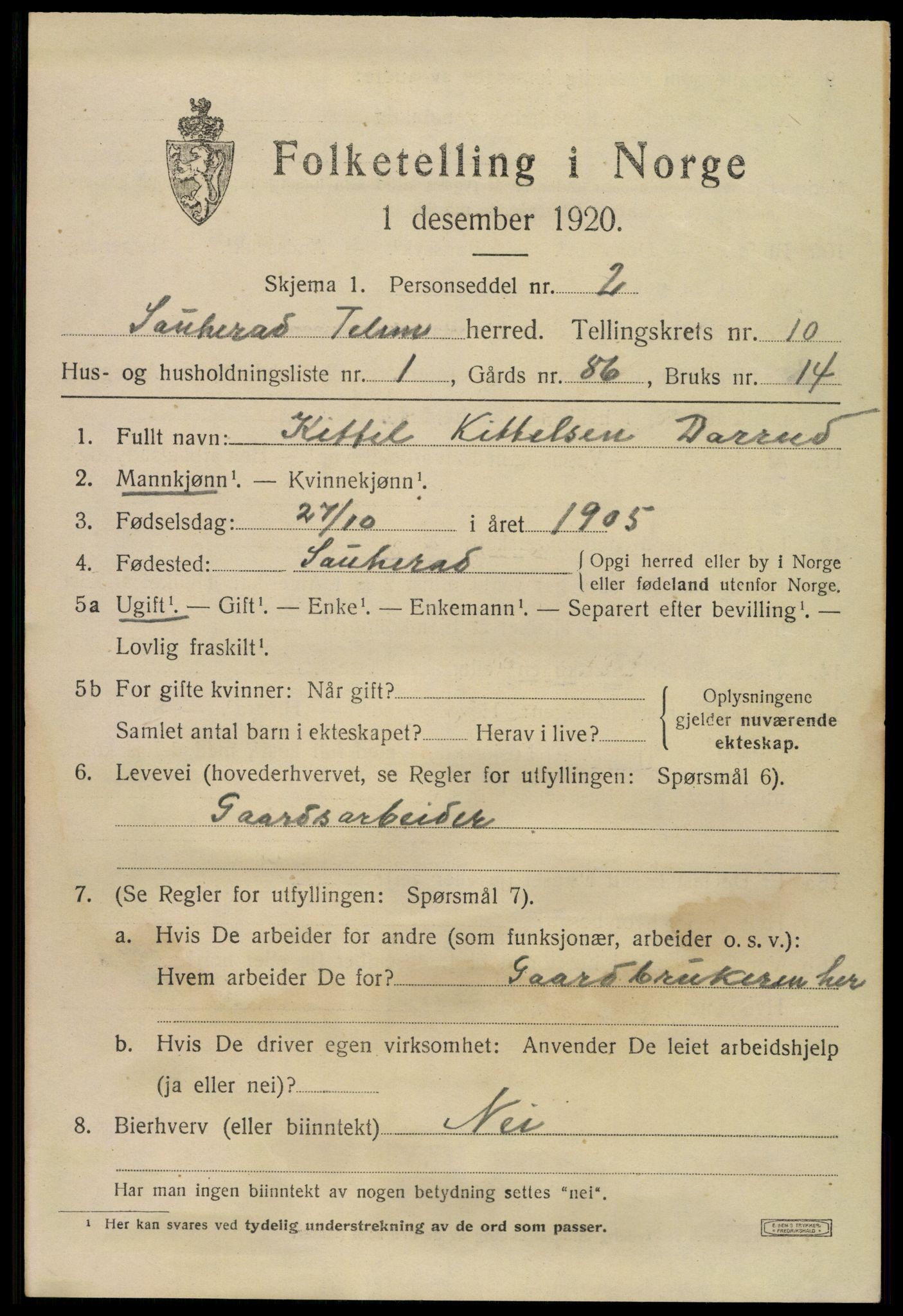 SAKO, 1920 census for Sauherad, 1920, p. 7357