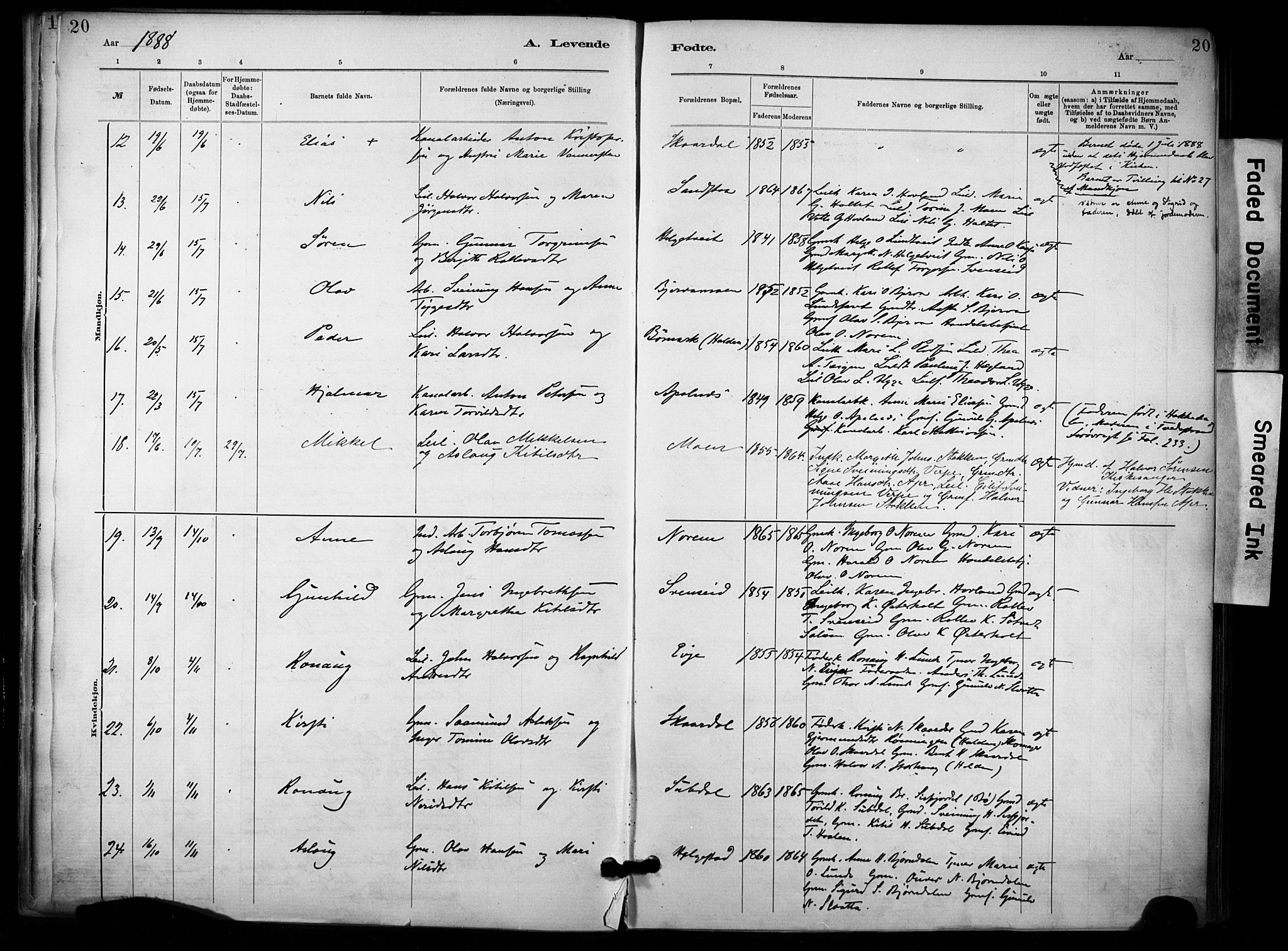 Lunde kirkebøker, AV/SAKO-A-282/F/Fa/L0002: Parish register (official) no. I 2, 1884-1892, p. 20