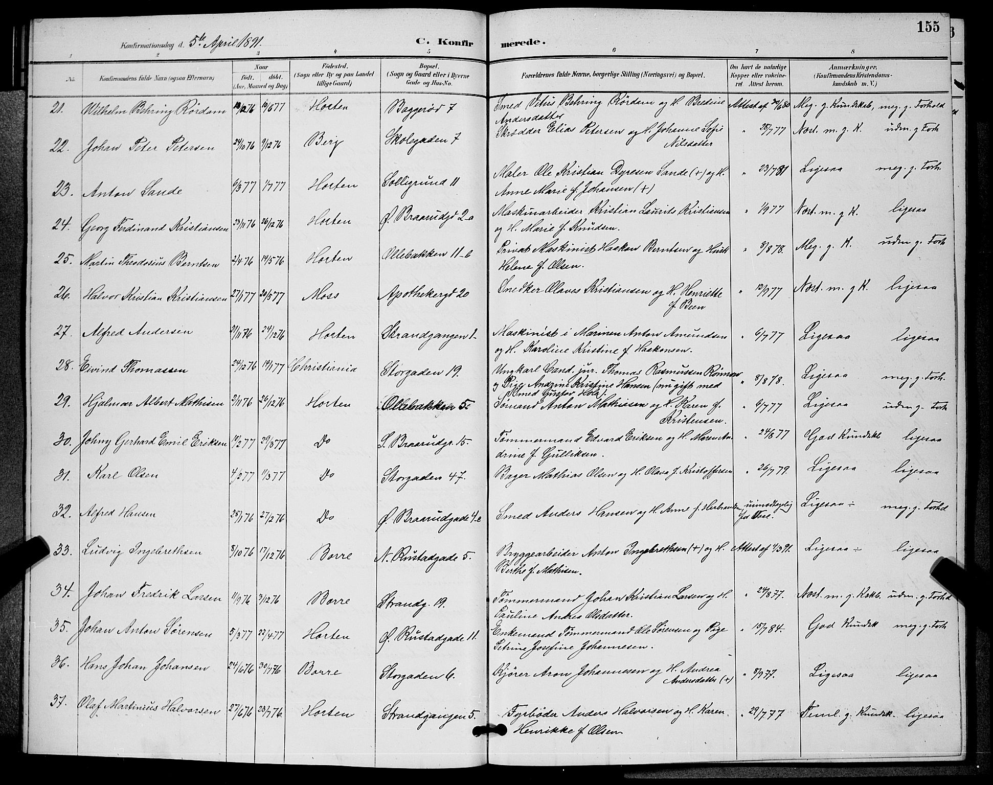 Horten kirkebøker, AV/SAKO-A-348/G/Ga/L0005: Parish register (copy) no. 5, 1888-1895, p. 155