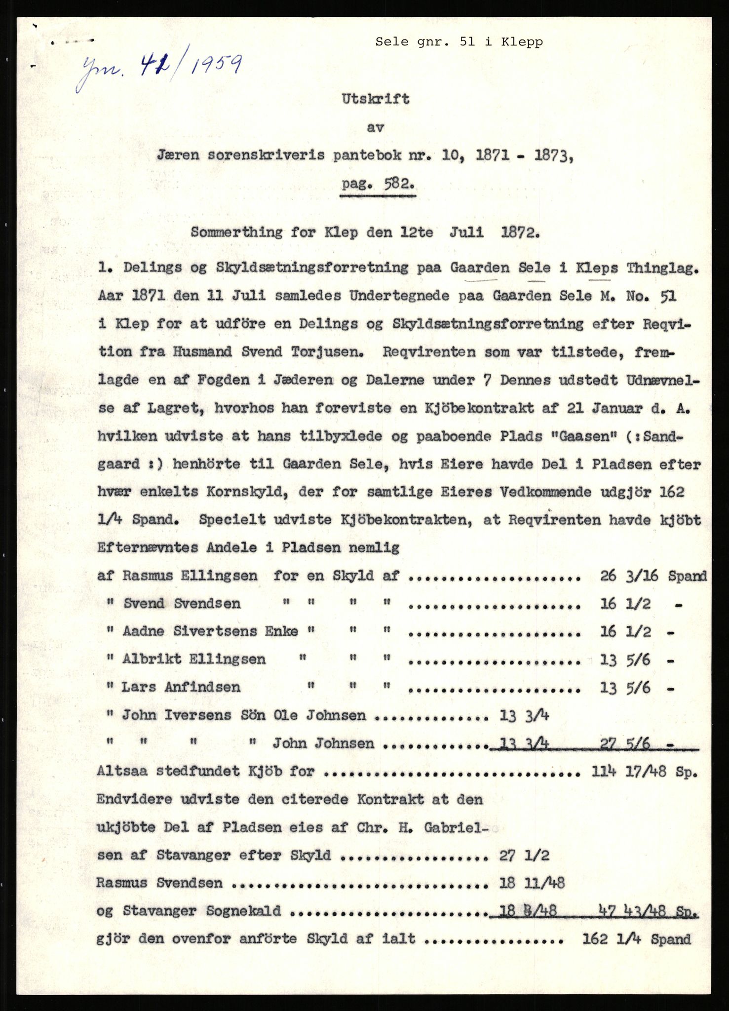 Statsarkivet i Stavanger, SAST/A-101971/03/Y/Yj/L0073: Avskrifter sortert etter gårdsnavn: Sandstøl ytre - Selland, 1750-1930, p. 437