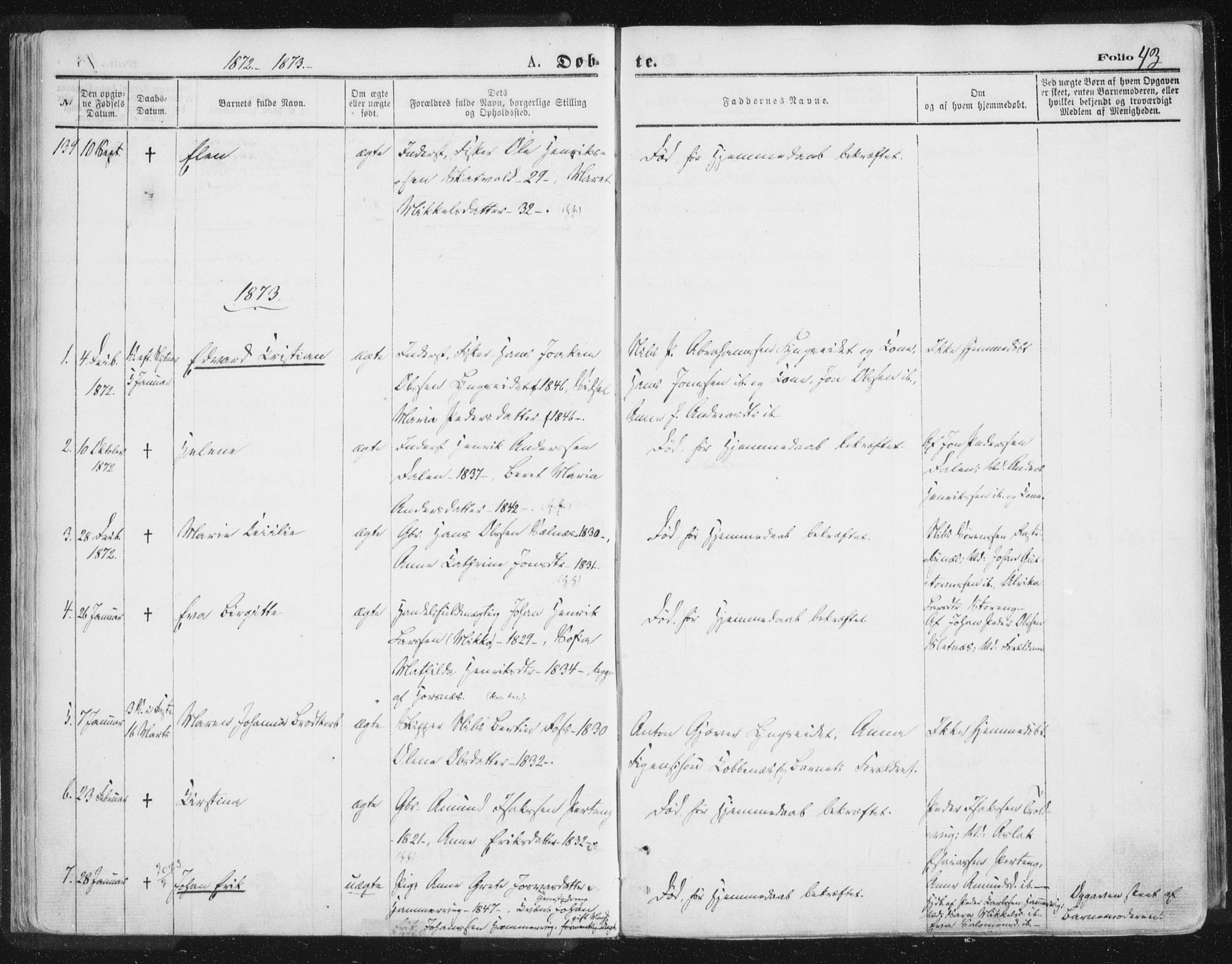 Lyngen sokneprestembete, AV/SATØ-S-1289/H/He/Hea/L0006kirke: Parish register (official) no. 6, 1870-1878, p. 43