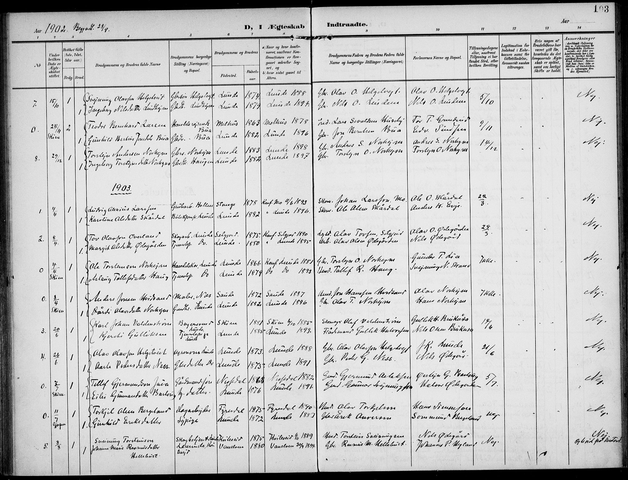 Lunde kirkebøker, SAKO/A-282/F/Fa/L0004: Parish register (official) no. I 4, 1902-1913, p. 103