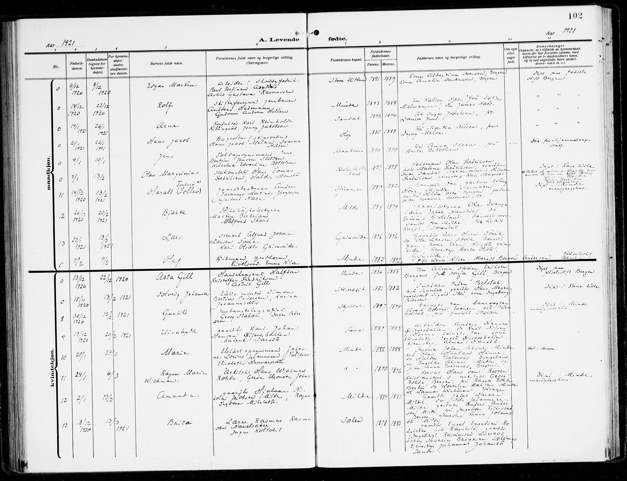 Fana Sokneprestembete, AV/SAB-A-75101/H/Haa/Haai/L0004: Parish register (official) no. I 4, 1912-1933, p. 102