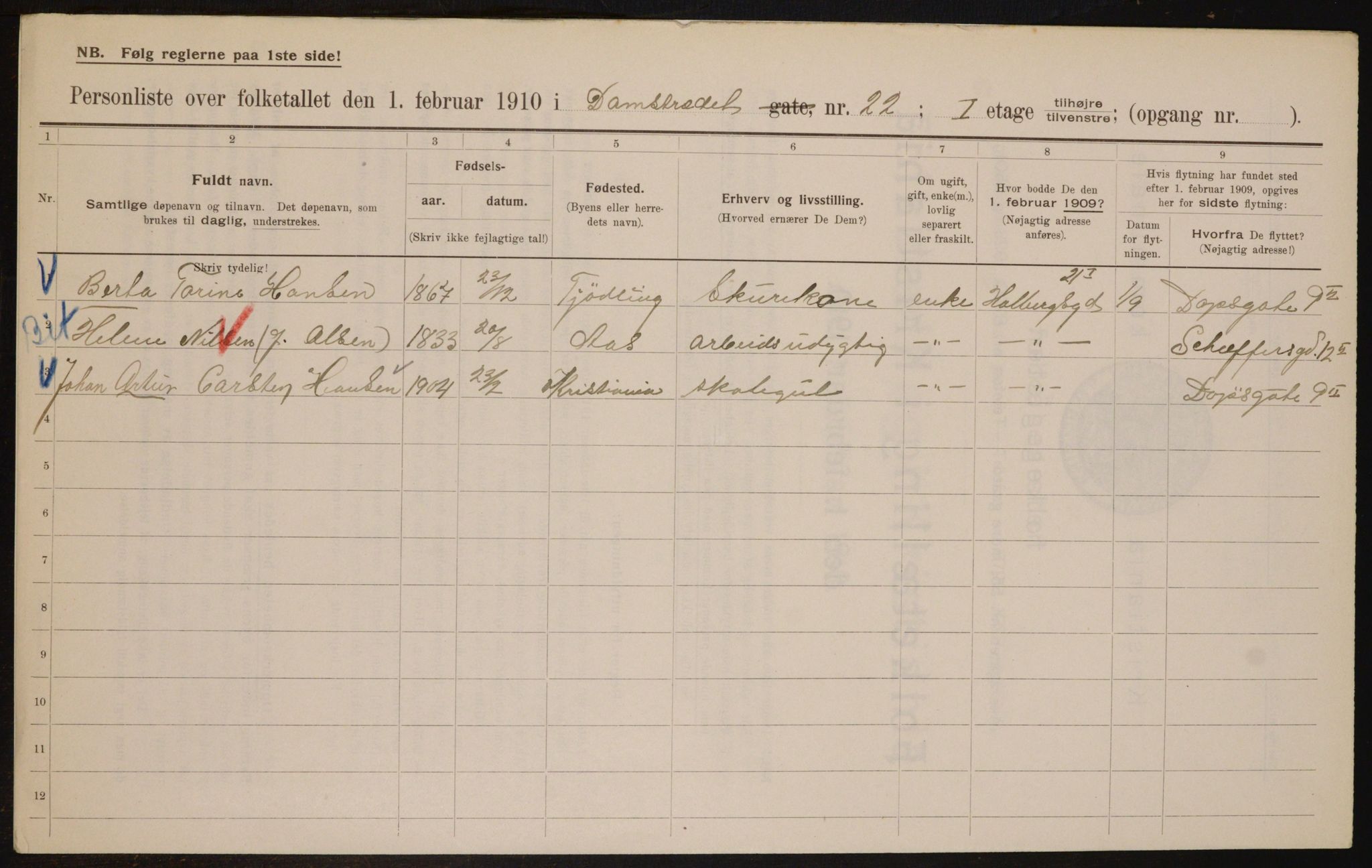 OBA, Municipal Census 1910 for Kristiania, 1910, p. 13954