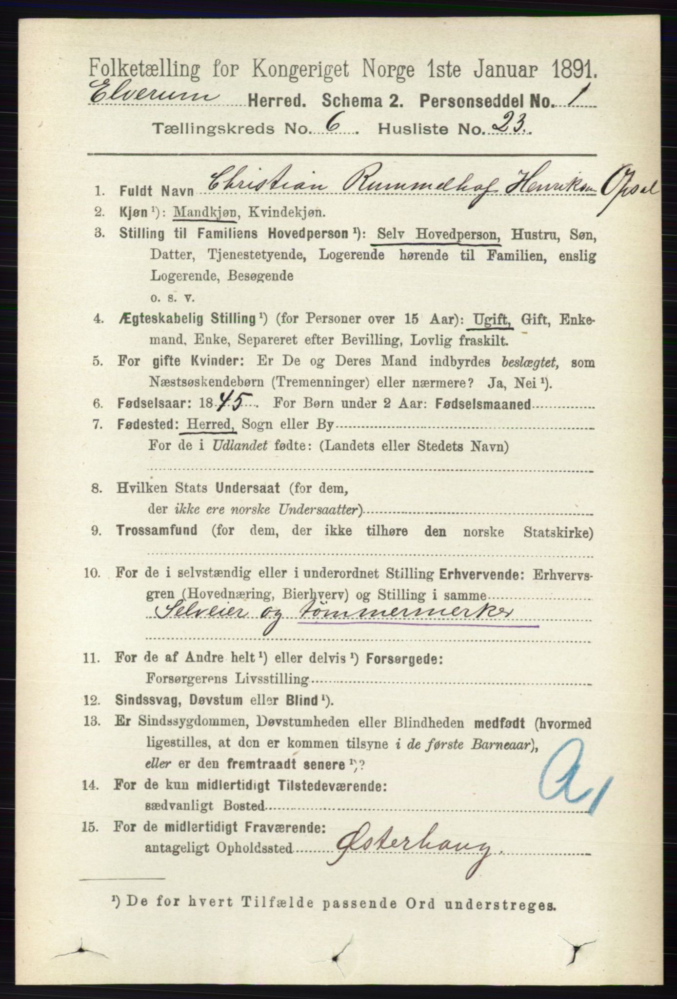 RA, 1891 census for 0427 Elverum, 1891, p. 4486