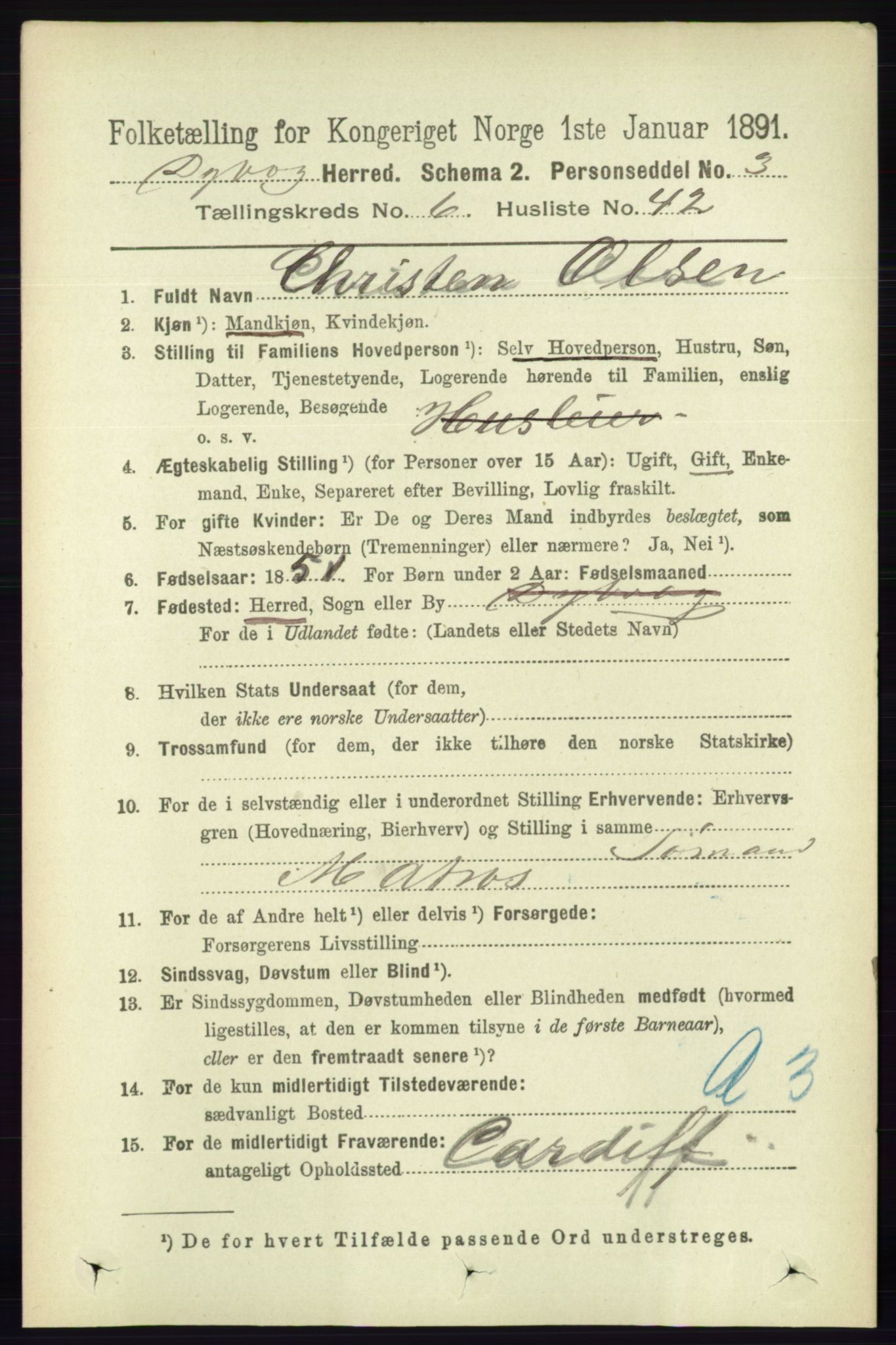 RA, 1891 census for 0915 Dypvåg, 1891, p. 2019