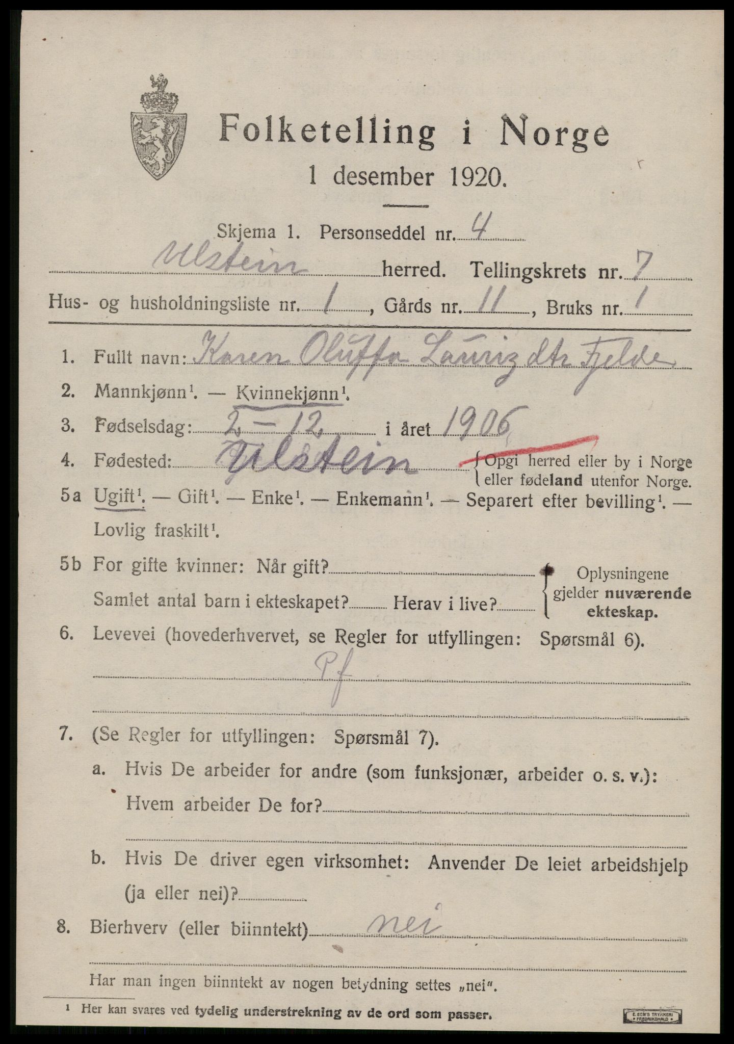 SAT, 1920 census for Ulstein, 1920, p. 4098