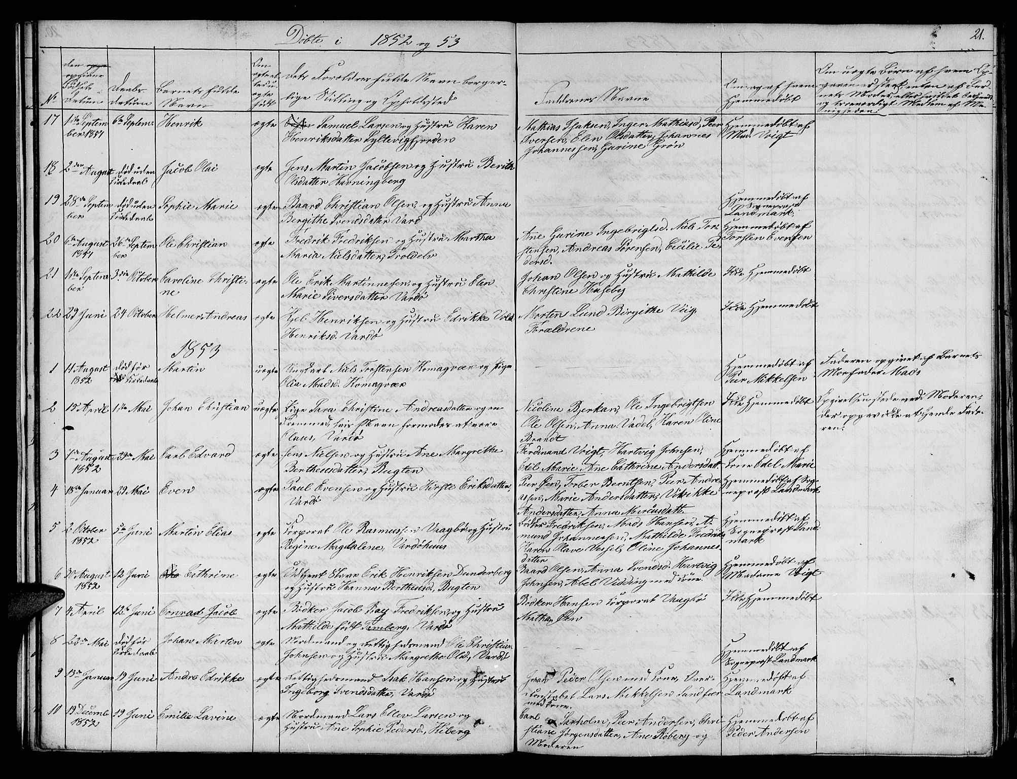 Vardø sokneprestkontor, SATØ/S-1332/H/Hb/L0001klokker: Parish register (copy) no. 1, 1844-1861, p. 21