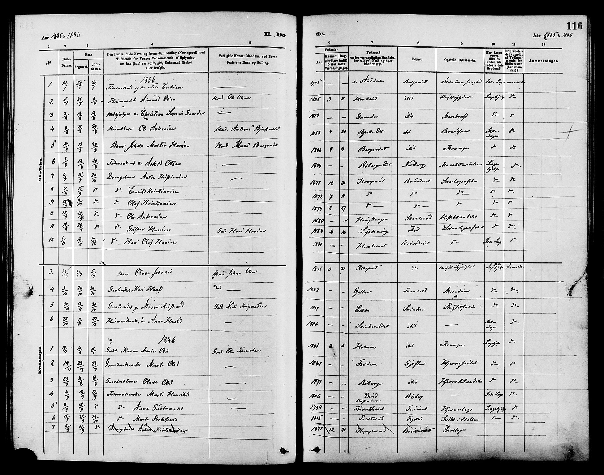 Nordre Land prestekontor, SAH/PREST-124/H/Ha/Haa/L0003: Parish register (official) no. 3, 1882-1896, p. 116