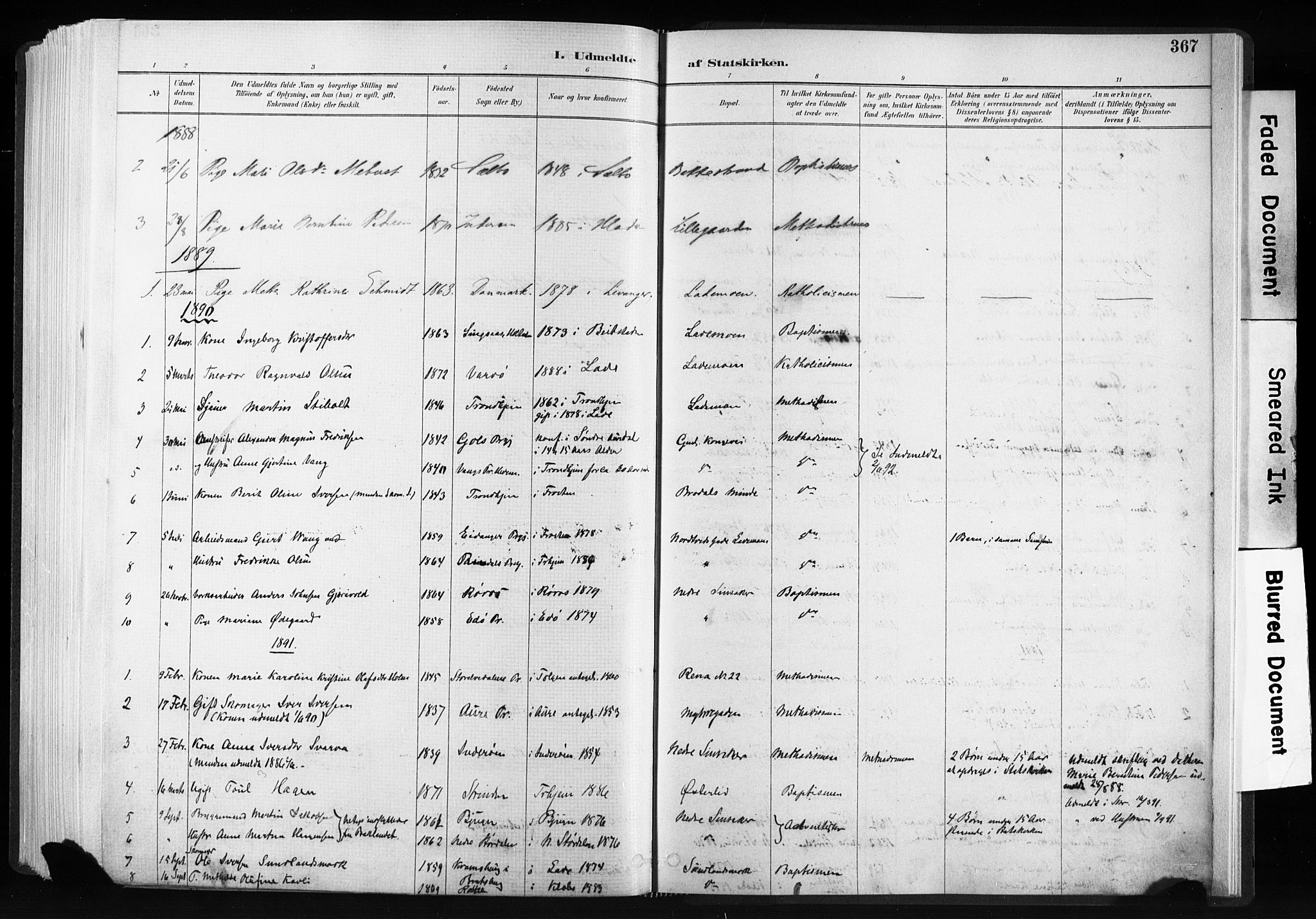 Ministerialprotokoller, klokkerbøker og fødselsregistre - Sør-Trøndelag, AV/SAT-A-1456/606/L0300: Parish register (official) no. 606A15, 1886-1893, p. 367