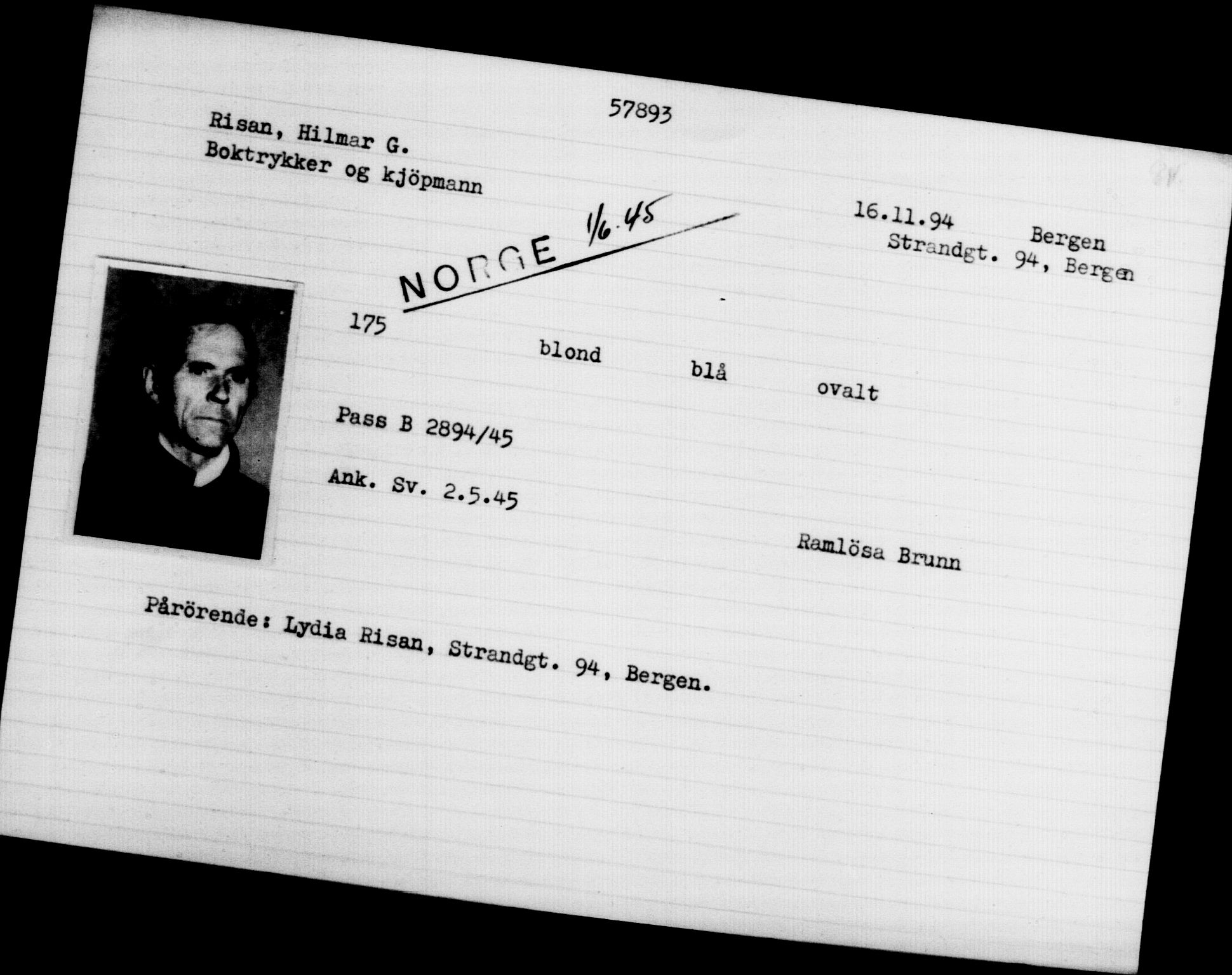 Utenriksstasjonene, Legasjonen i Stockholm, Flyktningkontoret, AV/RA-S-6753/V/Va/L0020: Kjesäterkartoteket, flyktninger med registreringsnr. 55000-58245, 1940-1945, p. 2891