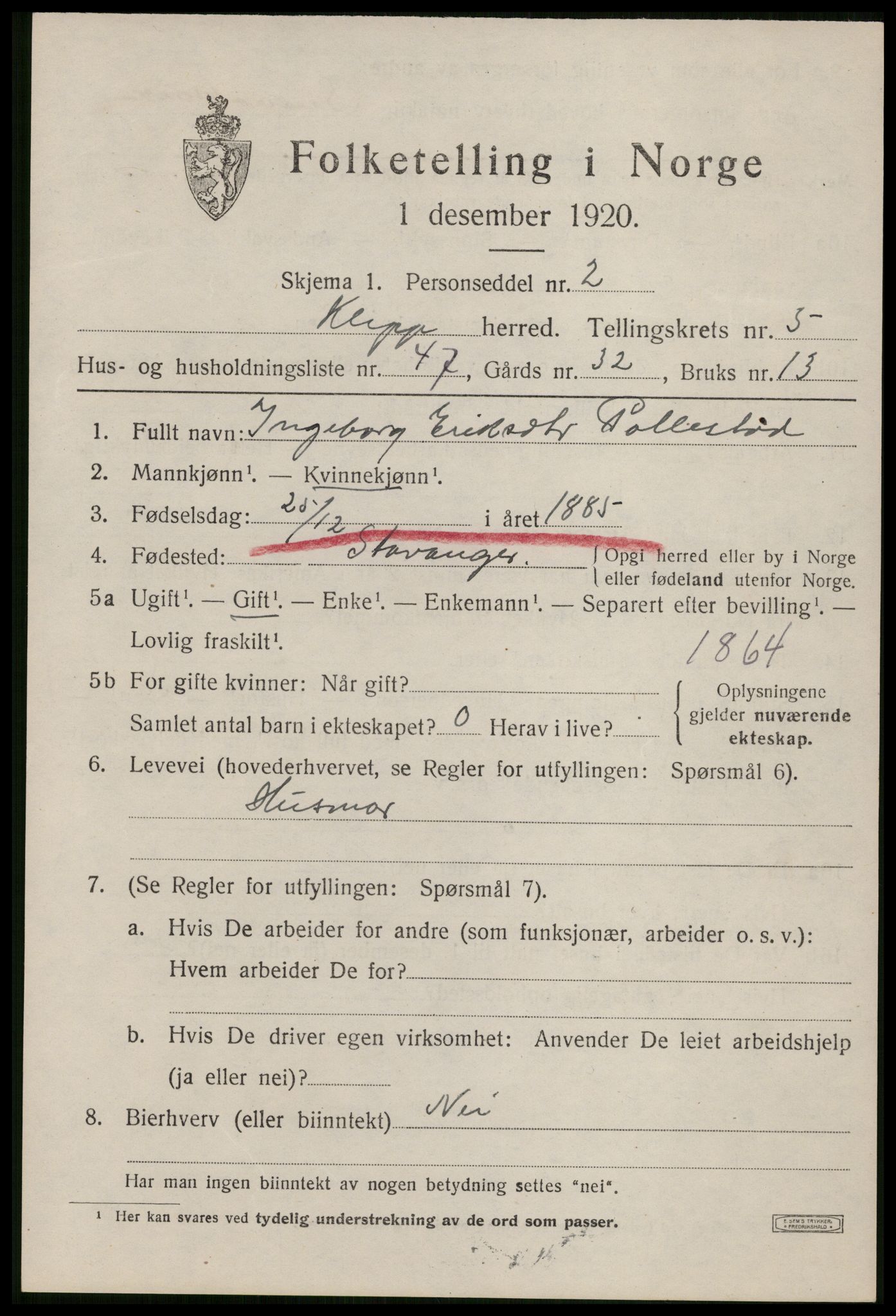 SAST, 1920 census for Klepp, 1920, p. 5932