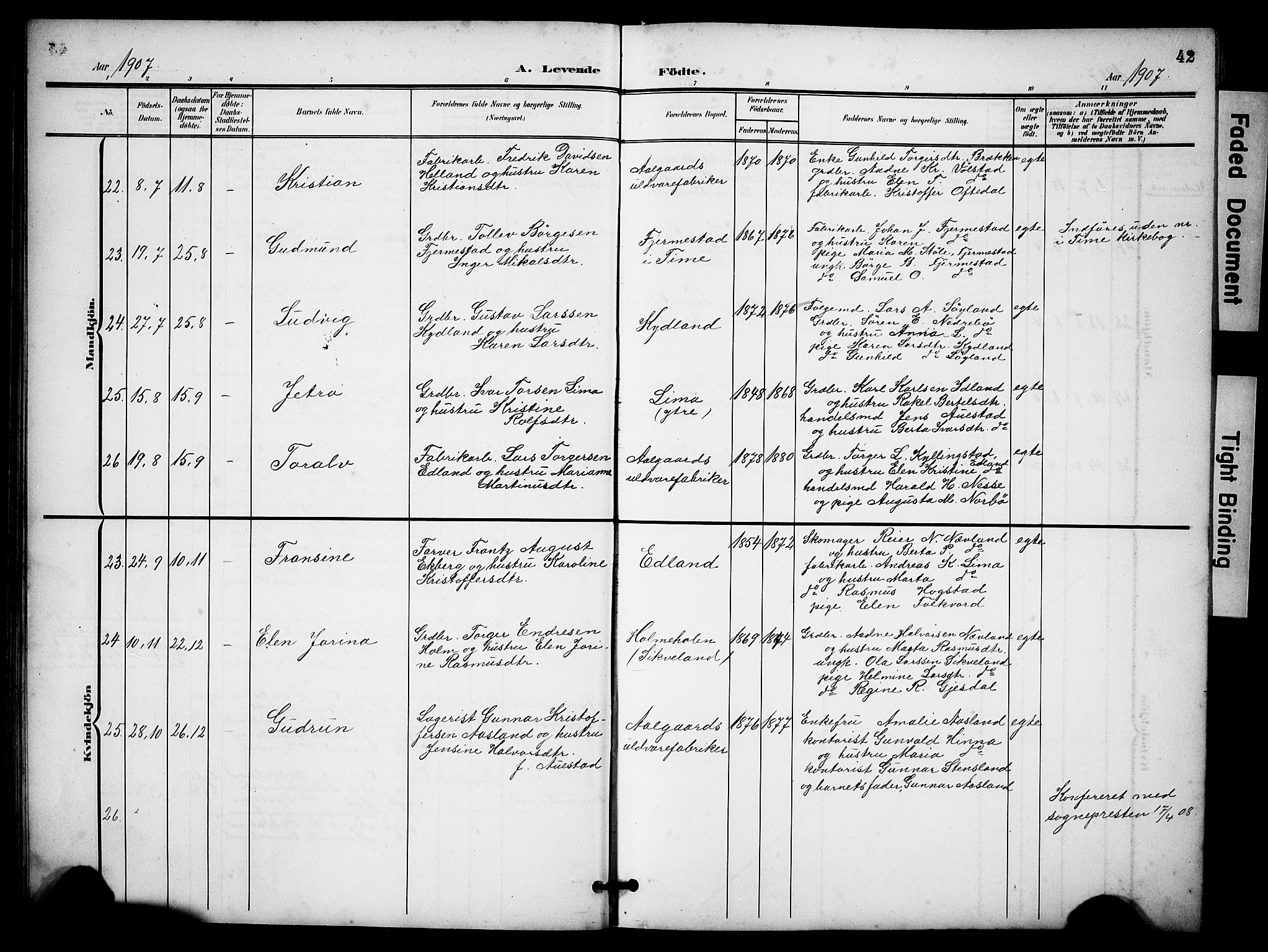 Lye sokneprestkontor, AV/SAST-A-101794/001/30BB/L0009: Parish register (copy) no. B 9, 1902-1923, p. 42