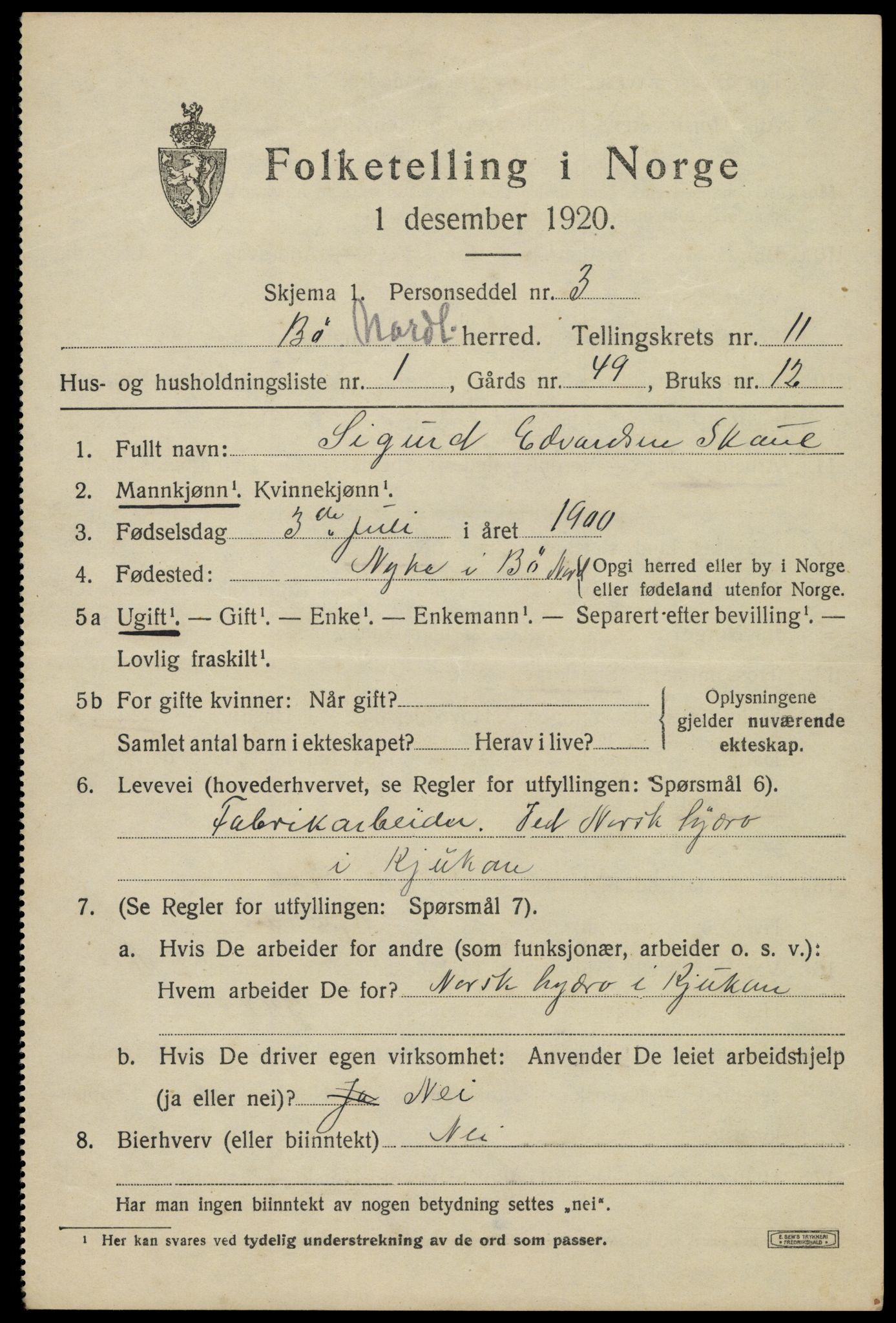 SAT, 1920 census for Bø, 1920, p. 9988