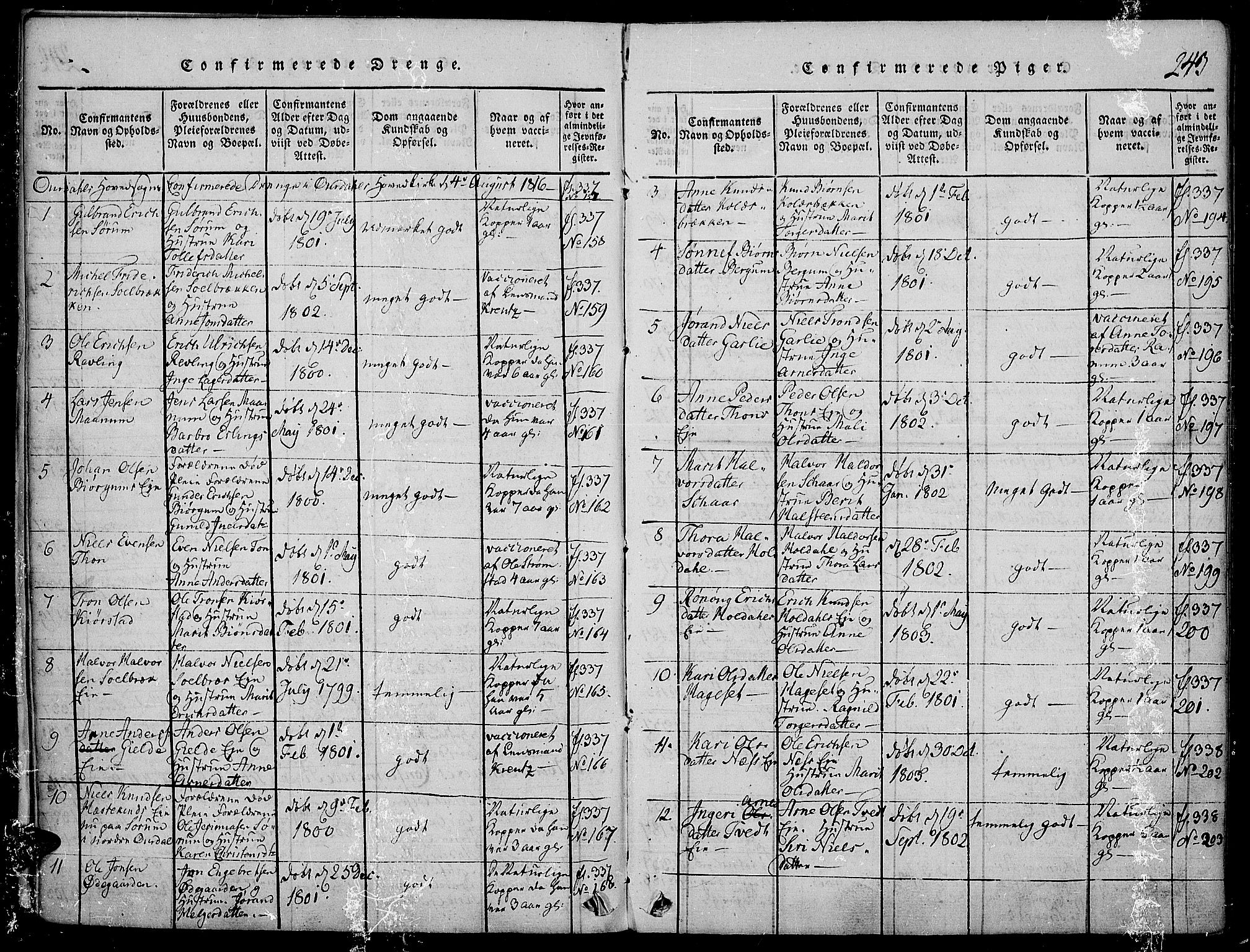 Nord-Aurdal prestekontor, AV/SAH-PREST-132/H/Ha/Haa/L0002: Parish register (official) no. 2, 1816-1828, p. 243