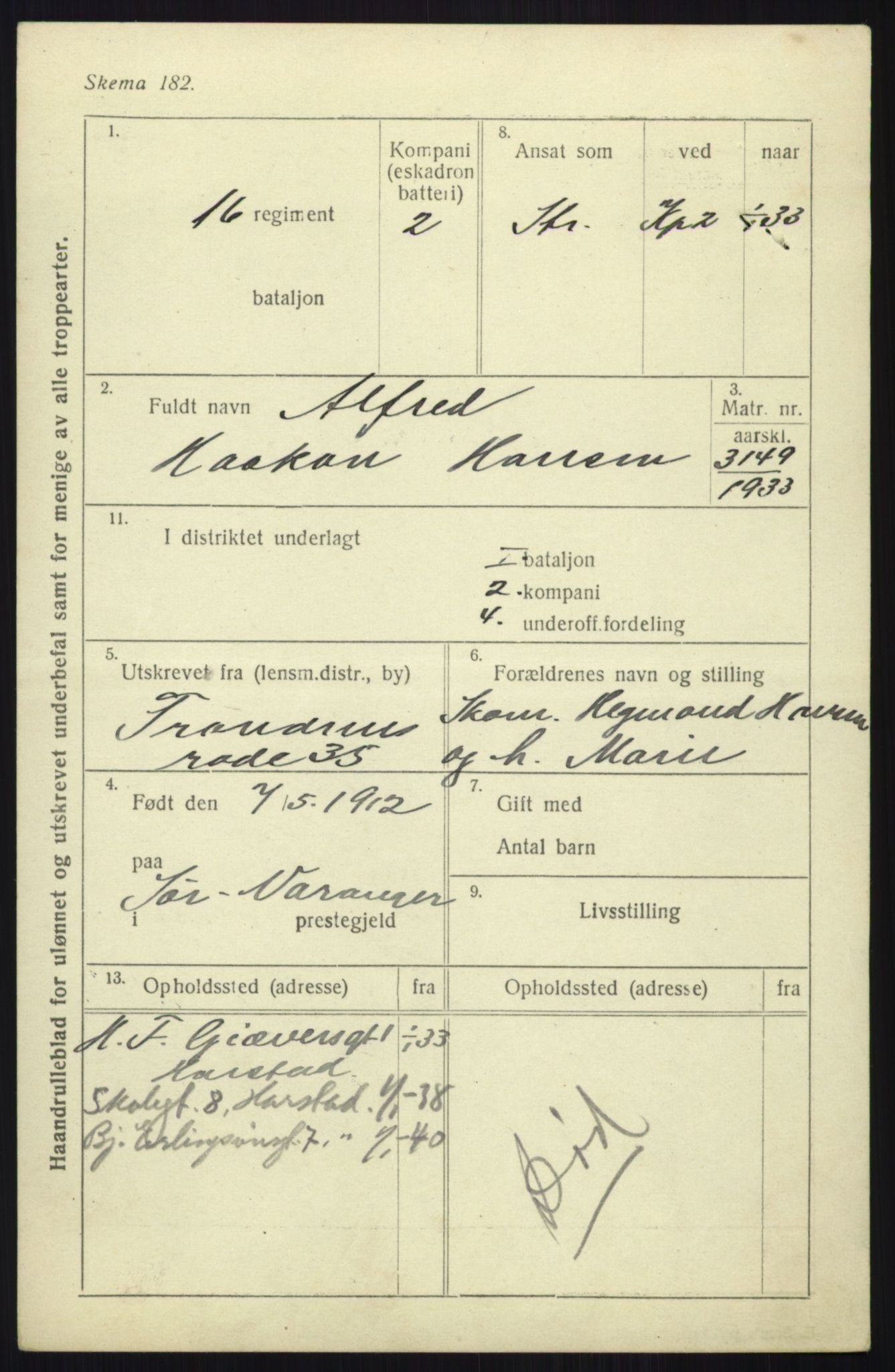 Forsvaret, Troms infanteriregiment nr. 16, AV/RA-RAFA-3146/P/Pa/L0017: Rulleblad for regimentets menige mannskaper, årsklasse 1933, 1933, p. 379