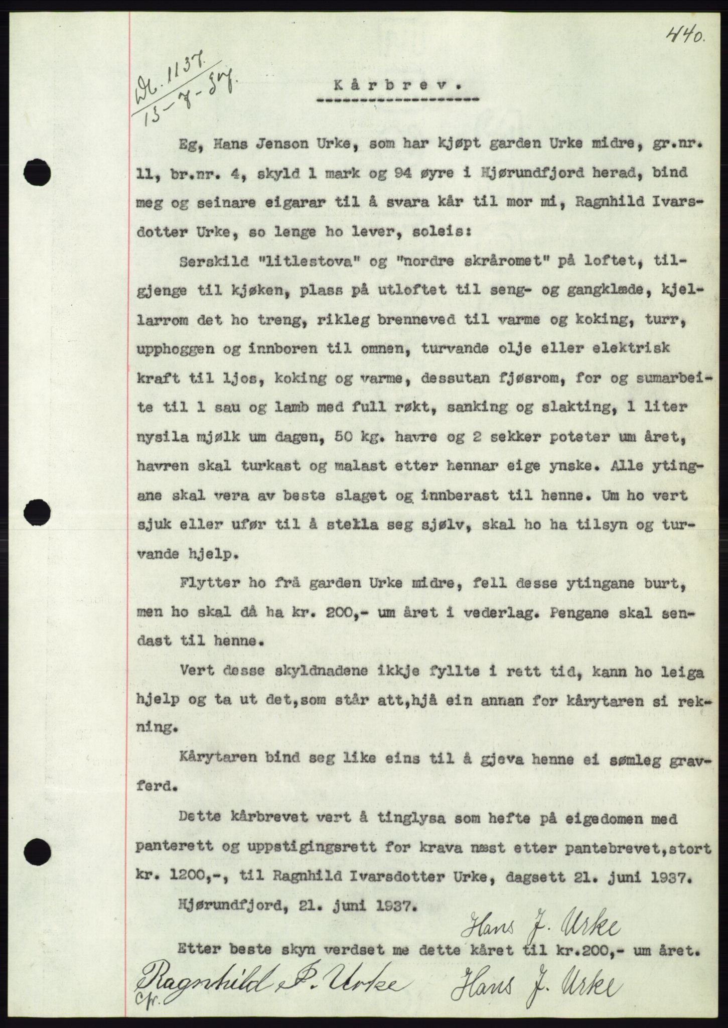 Søre Sunnmøre sorenskriveri, AV/SAT-A-4122/1/2/2C/L0063: Mortgage book no. 57, 1937-1937, Diary no: : 1137/1937